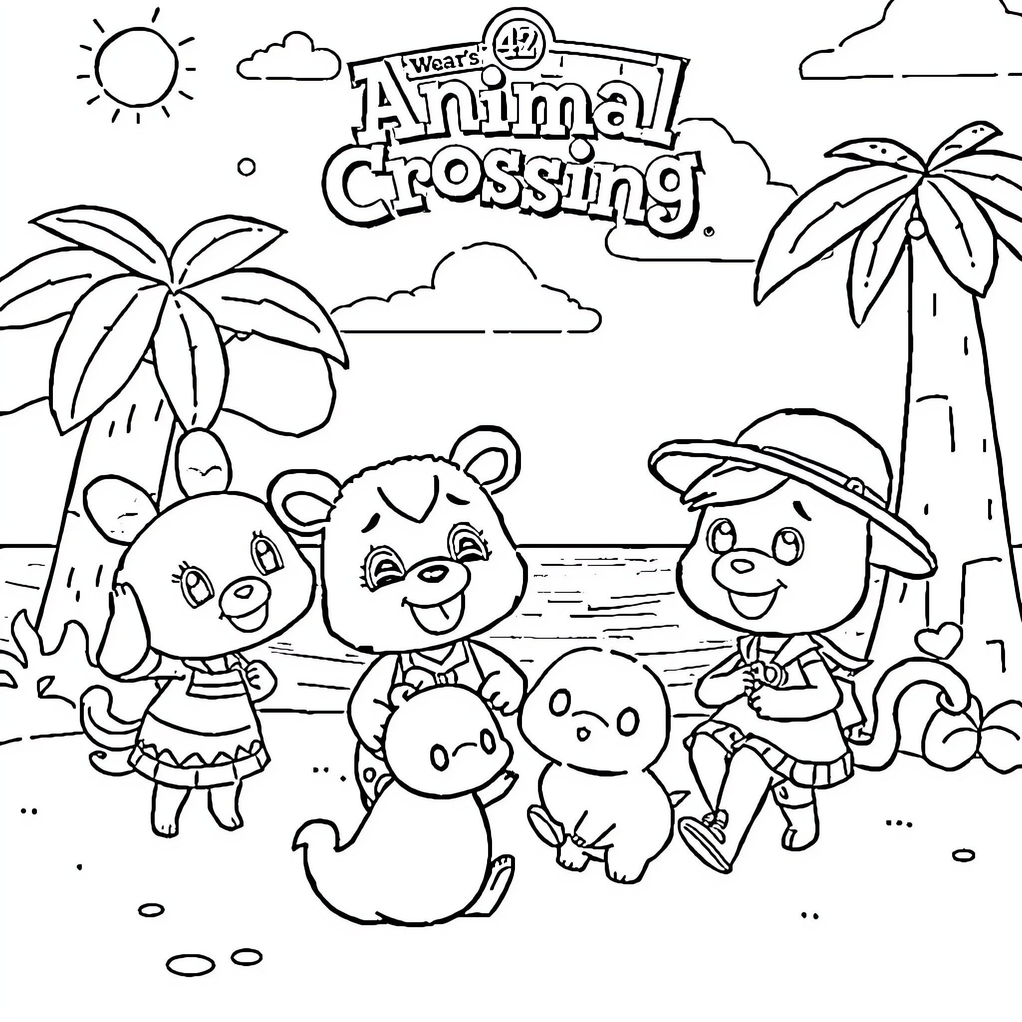 Animal Crossing characters enjoying a sunny day on the beach Coloring Page (free black-and-white line drawing printable PDF for all, from beginners to advanced learners, including children, teens, adults, and seniors)