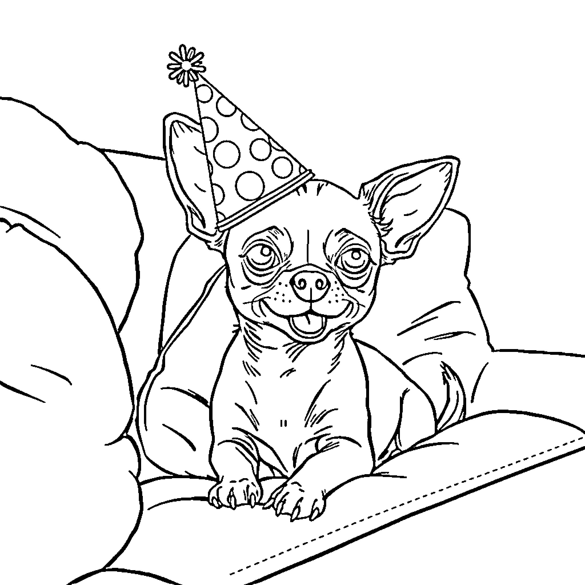 Chihuahua celebrating a happy occasion in the park Coloring Page (free black-and-white line drawing printable PDF for all, from beginners to advanced learners, including children, teens, adults, and seniors)