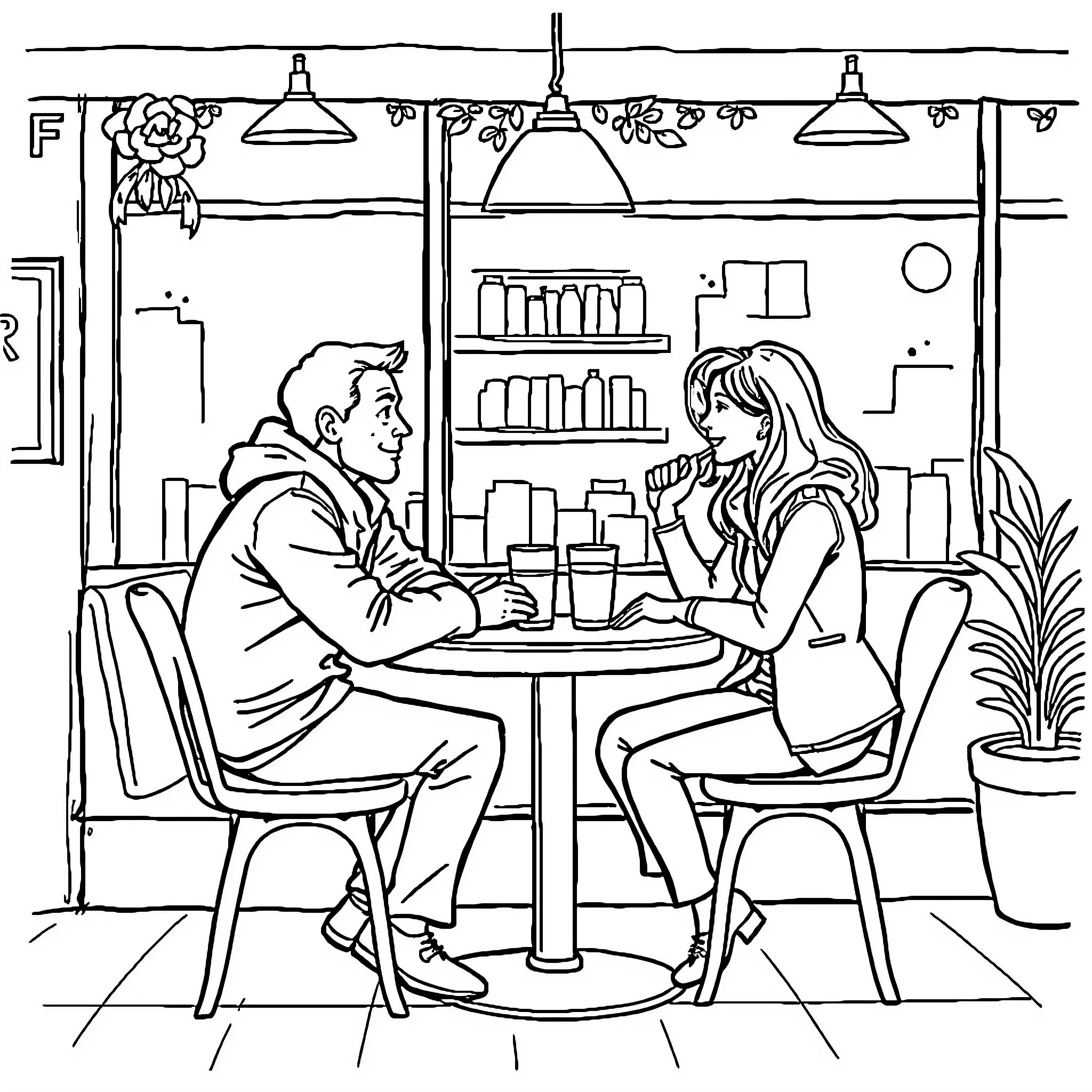 Cat Couple Enjoying Coffee at Cafe Coloring Page (free black-and-white line drawing printable PDF for all, from beginners to advanced learners, including children, teens, adults, and seniors)