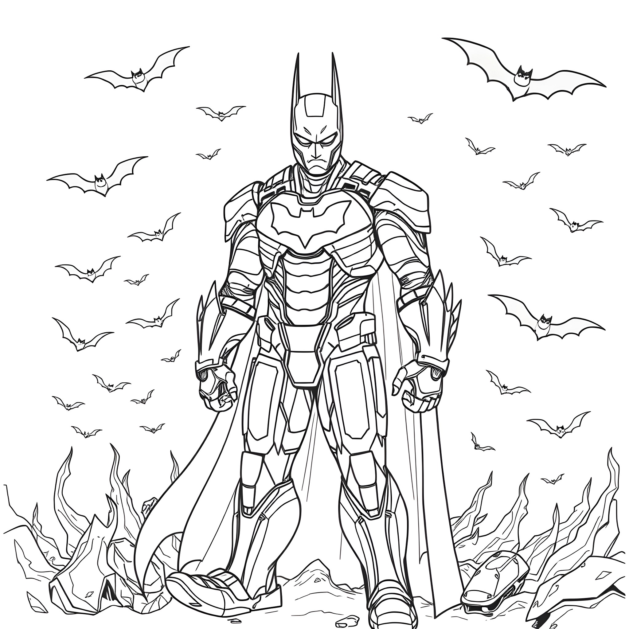 Batman in Heroic Armor Amid Bats in Night Coloring Page (free black-and-white line drawing printable PDF for all, from beginners to advanced learners, including children, teens, adults, and seniors)