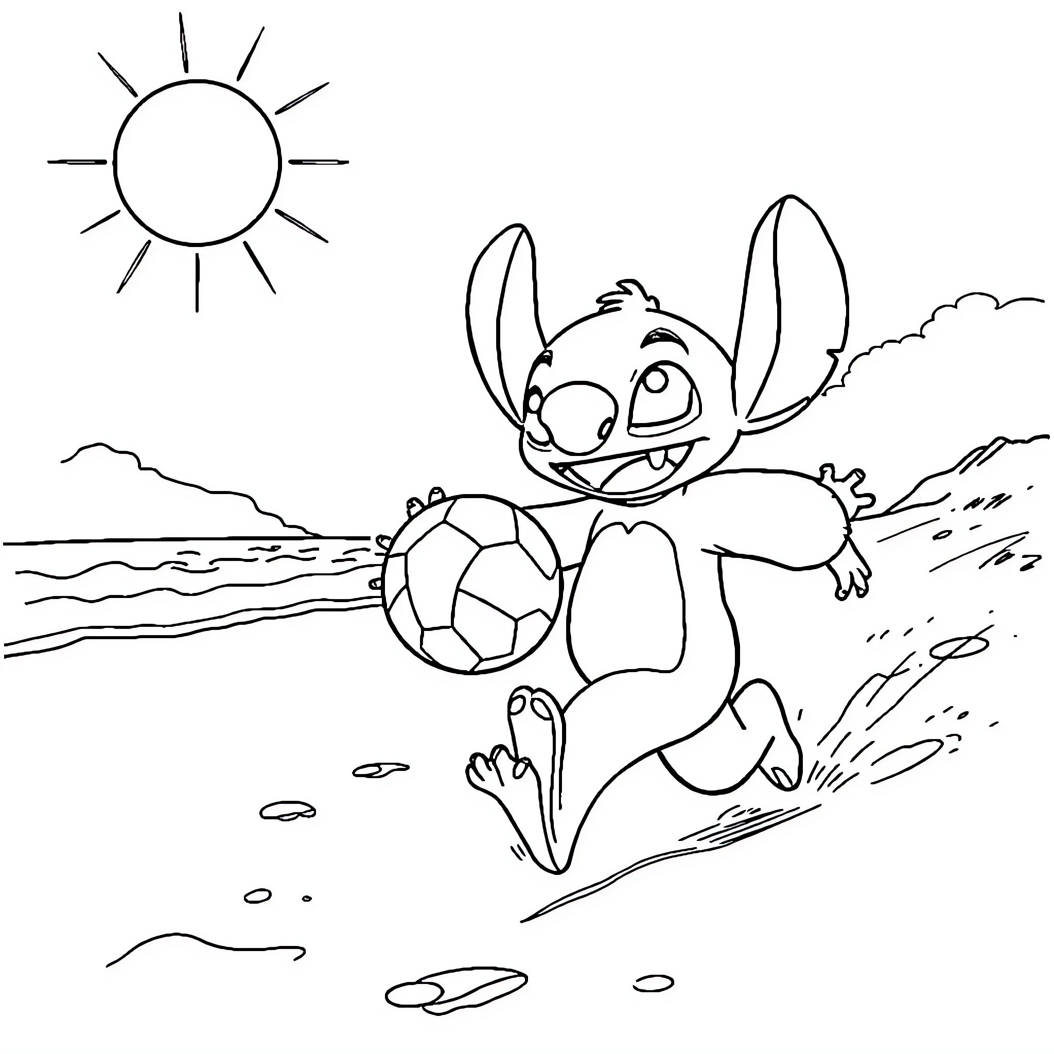 Stitch playing with a soccer ball on the beach Coloring Page (free black-and-white line drawing printable PDF for all, from beginners to advanced learners, including children, teens, adults, and seniors)