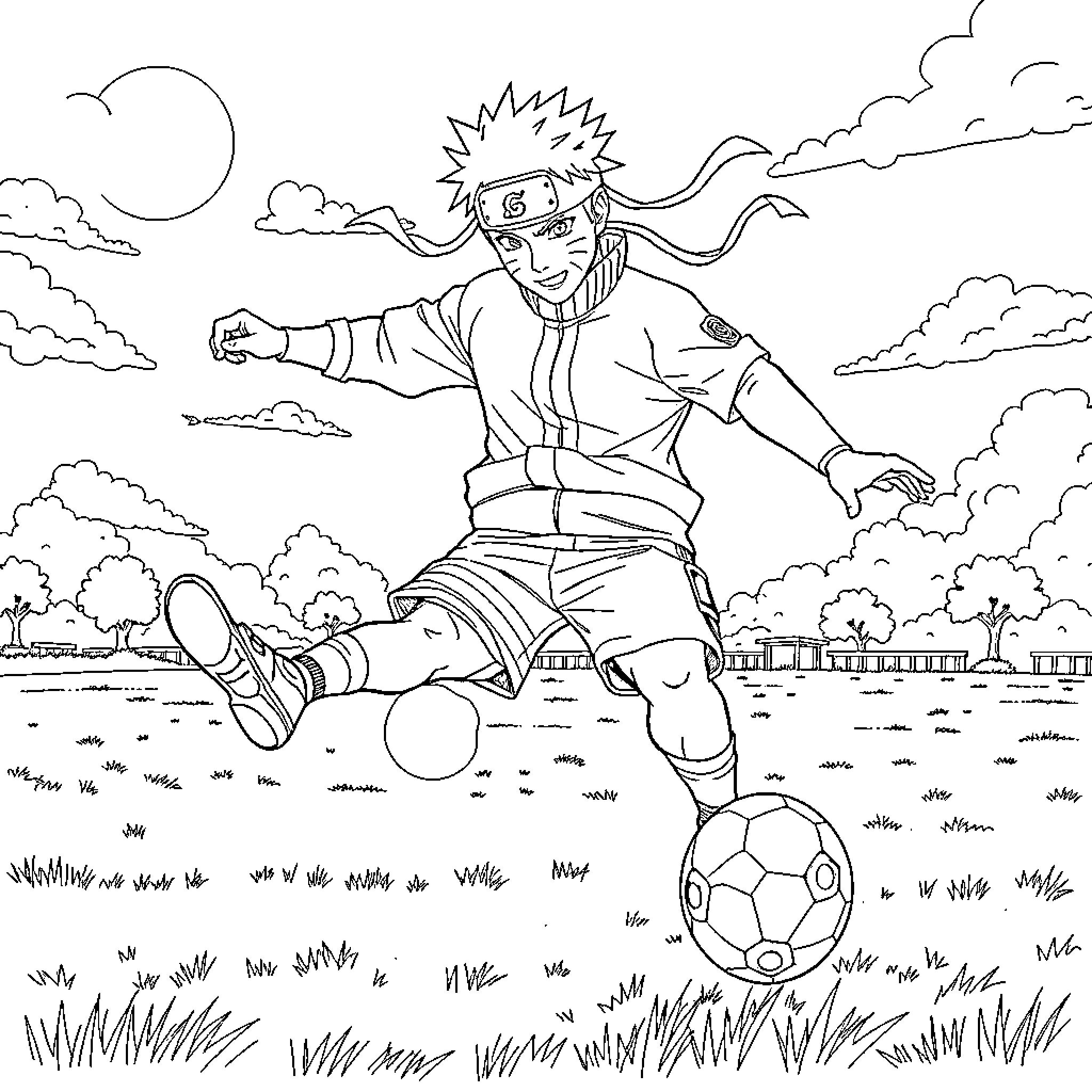 Naruto playing soccer in the countryside Coloring Page (free black-and-white line drawing printable PDF for all, from beginners to advanced learners, including children, teens, adults, and seniors)