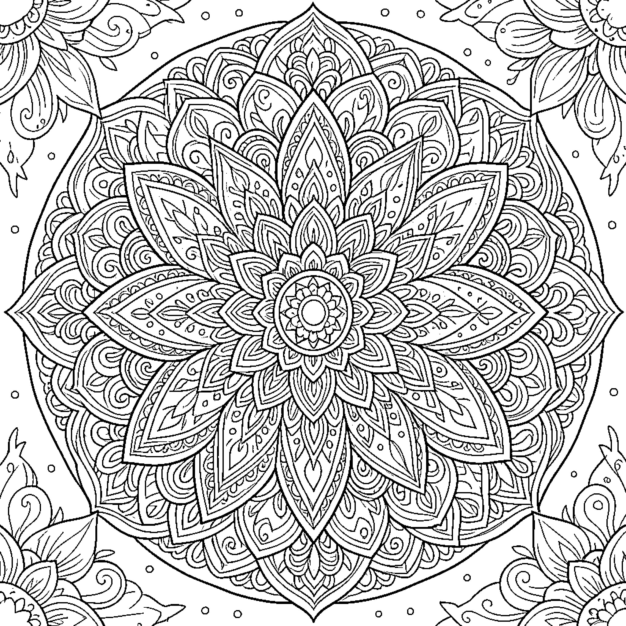 Mandalas of intricate floral designs Coloring Page (free black-and-white line drawing printable PDF for all, from beginners to advanced learners, including children, teens, adults, and seniors)