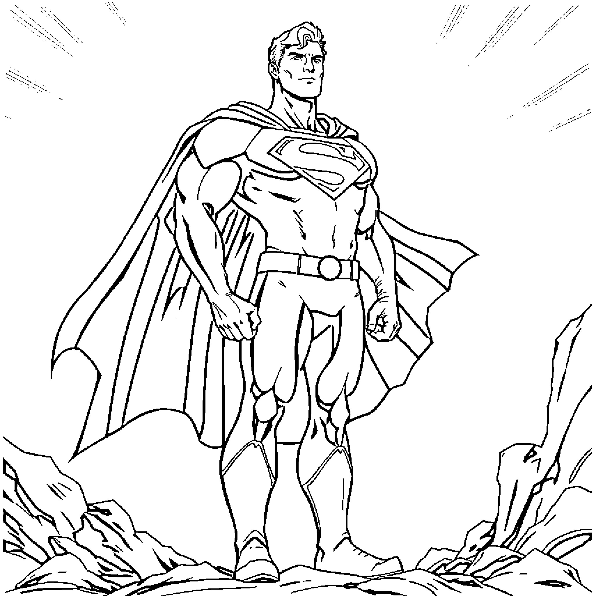 Superman in heroic pose against dramatic backdrop Coloring Page (free black-and-white line drawing printable PDF for all, from beginners to advanced learners, including children, teens, adults, and seniors)