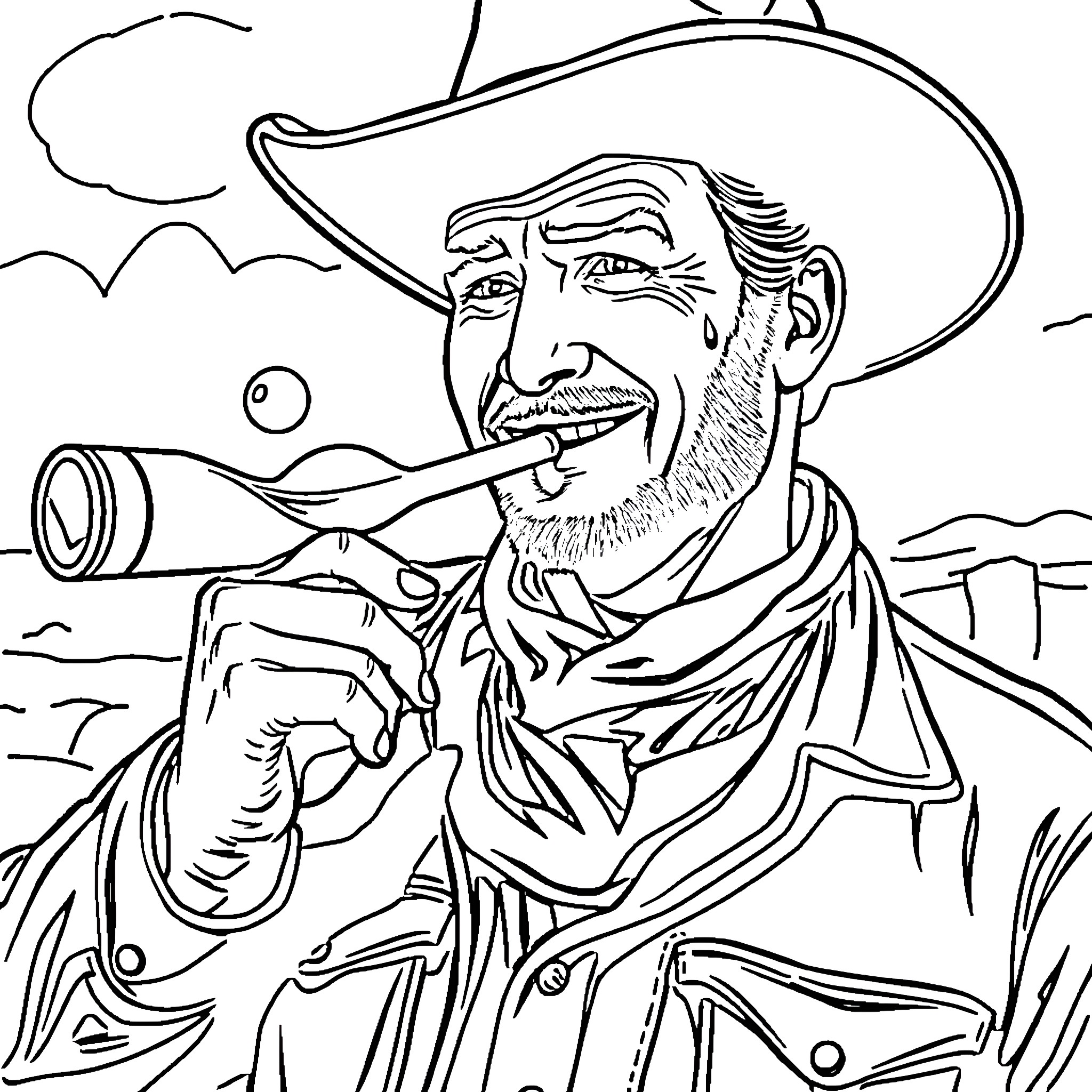 John Wayne as a Cowboy with Cigar and Rifle Coloring Page (free black-and-white line drawing printable PDF for all, from beginners to advanced learners, including children, teens, adults, and seniors)