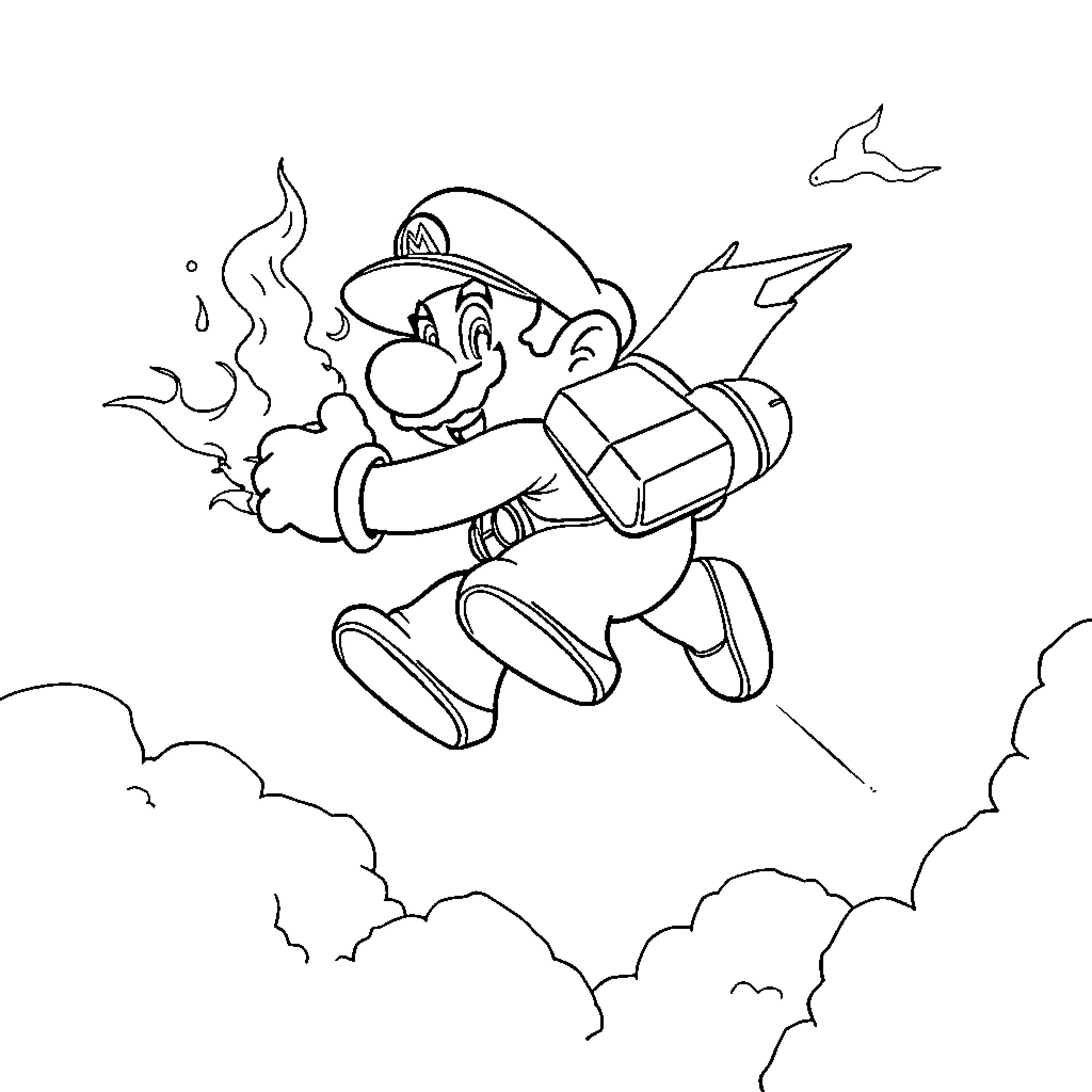 Super Mario Soaring High in the Clouds Coloring Page (free black-and-white line drawing printable PDF for all, from beginners to advanced learners, including children, teens, adults, and seniors)
