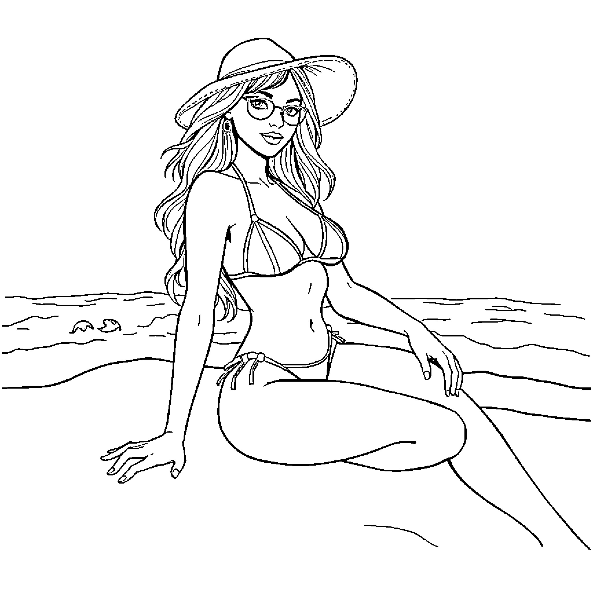 Girl in Beachwear Relaxing on the Shore Coloring Page (free black-and-white line drawing printable PDF for all, from beginners to advanced learners, including children, teens, adults, and seniors)