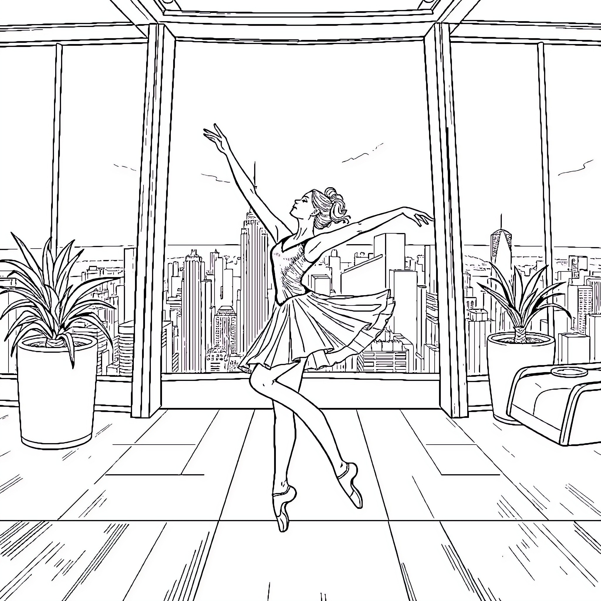 Natasha Romanoff dancing gracefully in a city skyline setting Coloring Page (free black-and-white line drawing printable PDF for all, from beginners to advanced learners, including children, teens, adults, and seniors)
