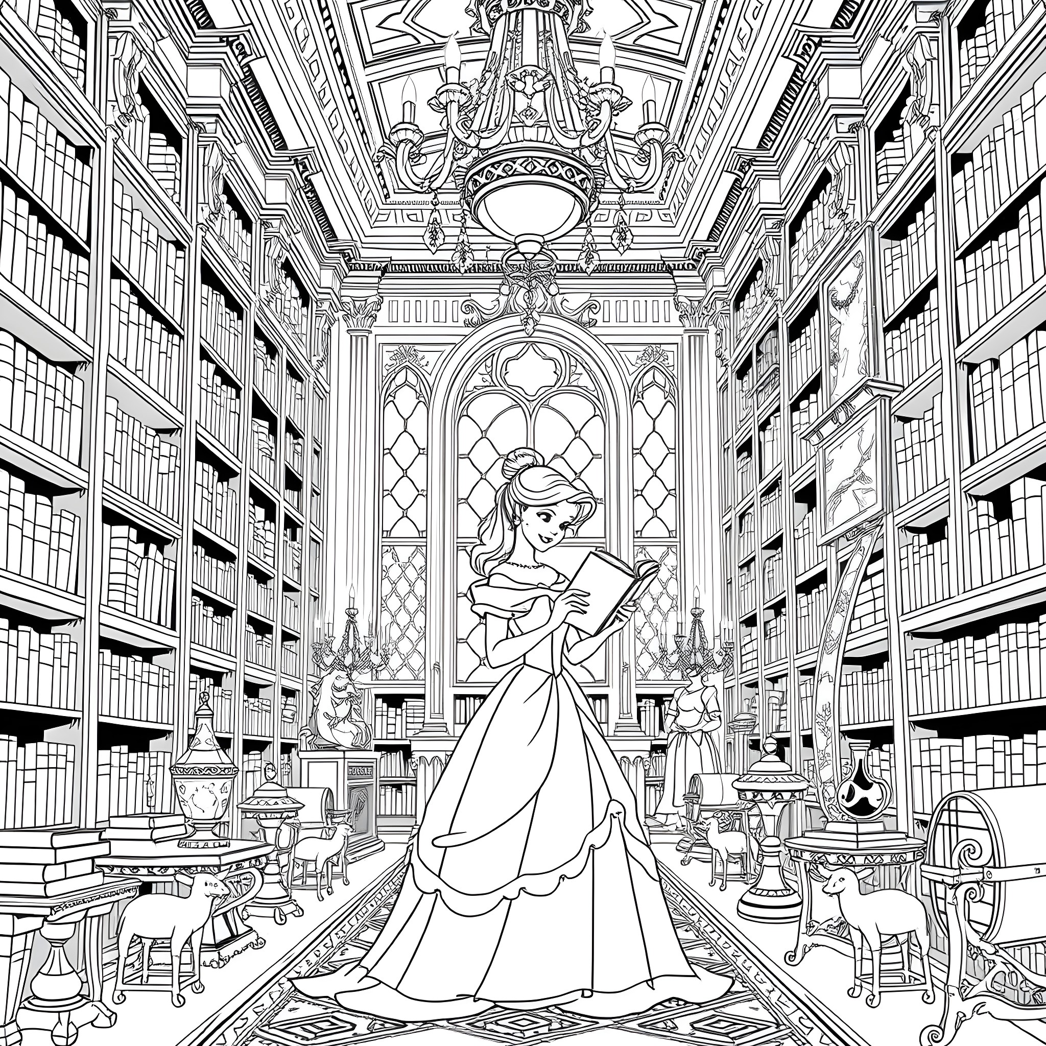 Belle reading in a grand library Coloring Page (free black-and-white line drawing printable PDF for all, from beginners to advanced learners, including children, teens, adults, and seniors)