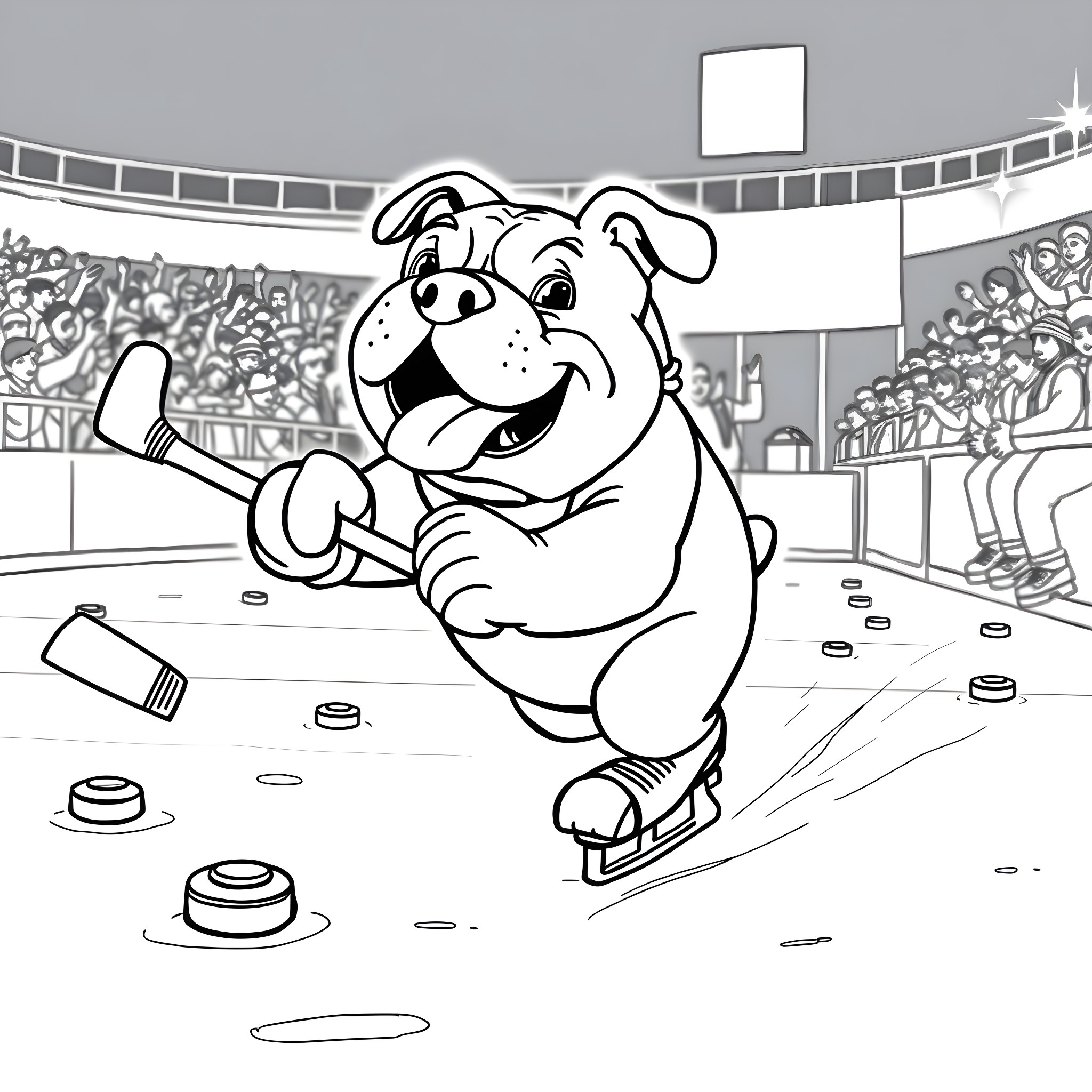 Bulldog playing hockey in the arena Coloring Page (free black-and-white line drawing printable PDF for all, from beginners to advanced learners, including children, teens, adults, and seniors)