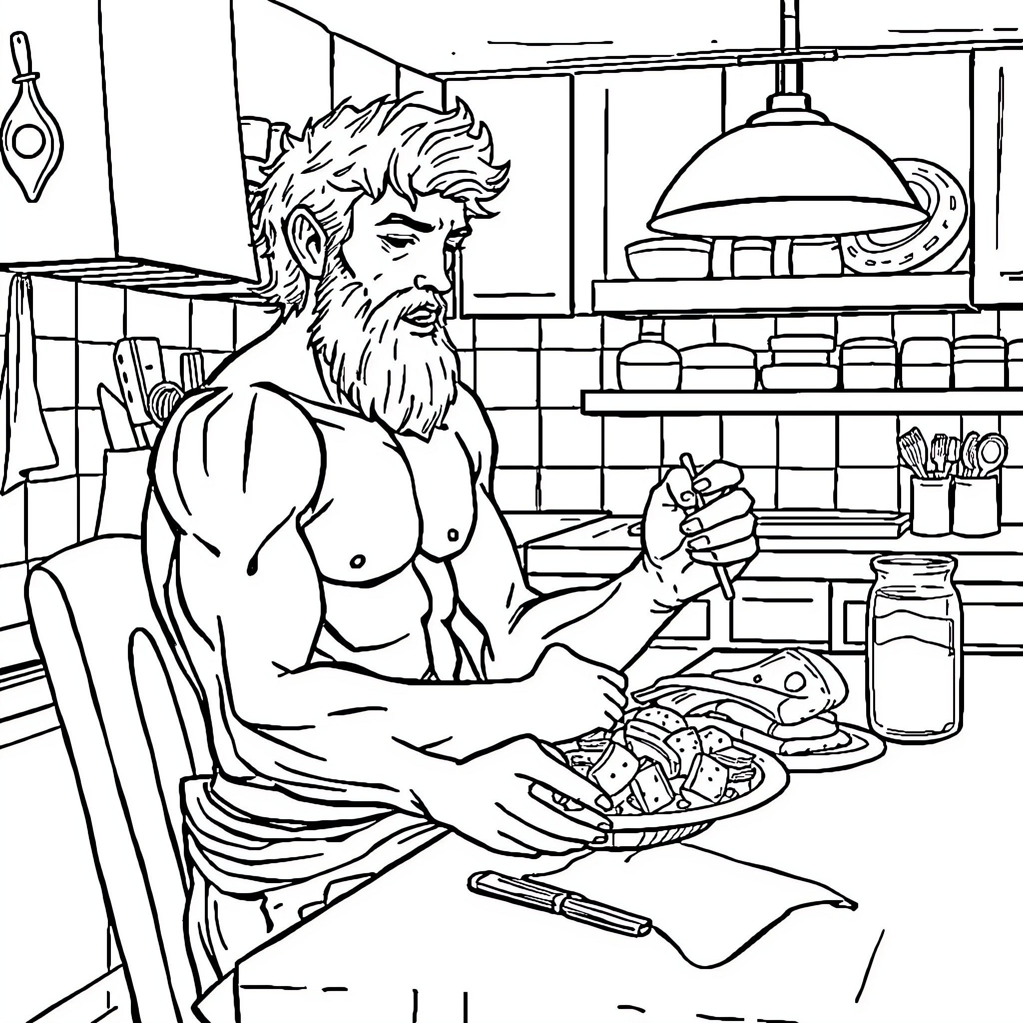 Sisyphus Prepares a Meal in His Workshop Coloring Page (free black-and-white line drawing printable PDF for all, from beginners to advanced learners, including children, teens, adults, and seniors)