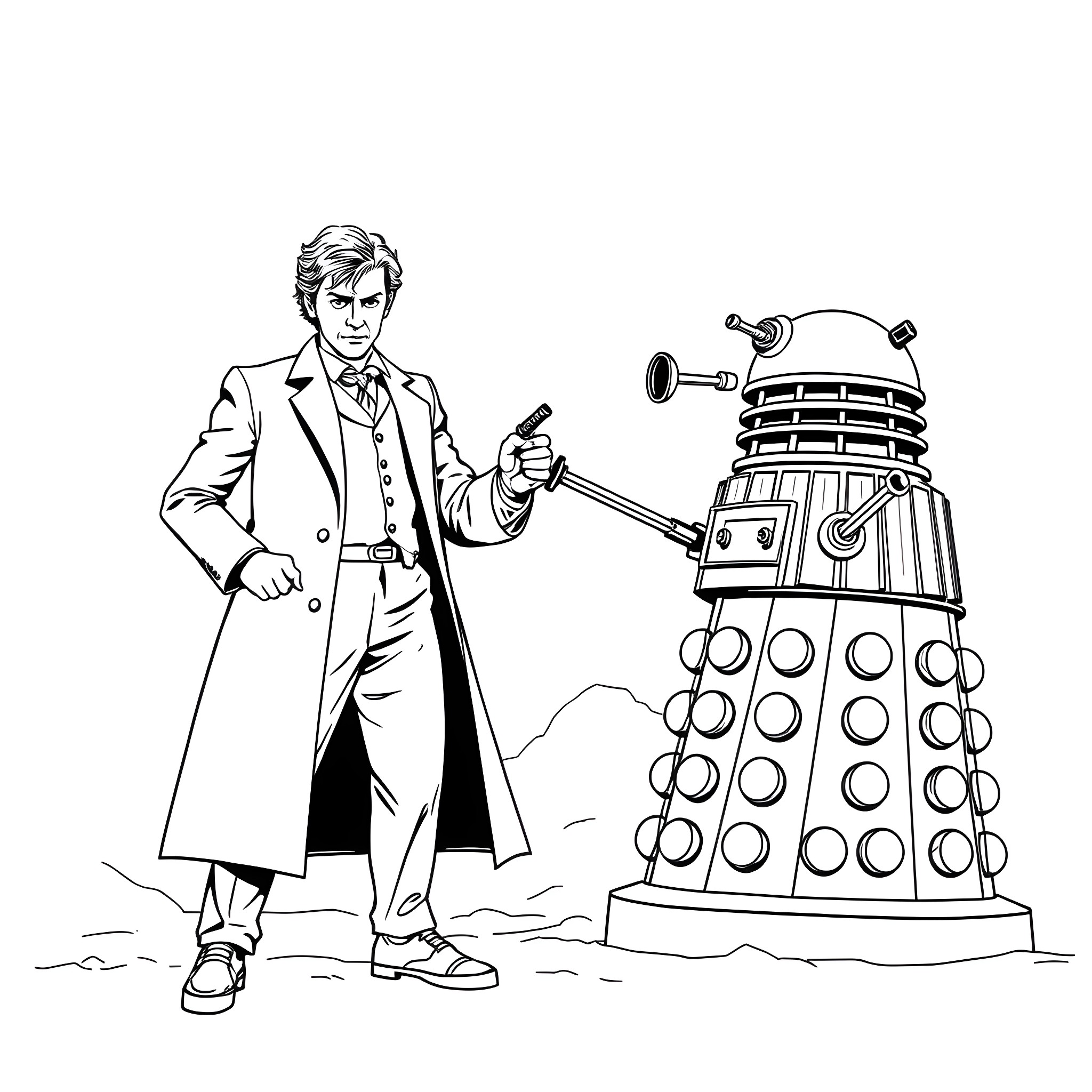 Doctor Confronting a Robotic Alien Enemy Coloring Page (free black-and-white line drawing printable PDF for all, from beginners to advanced learners, including children, teens, adults, and seniors)