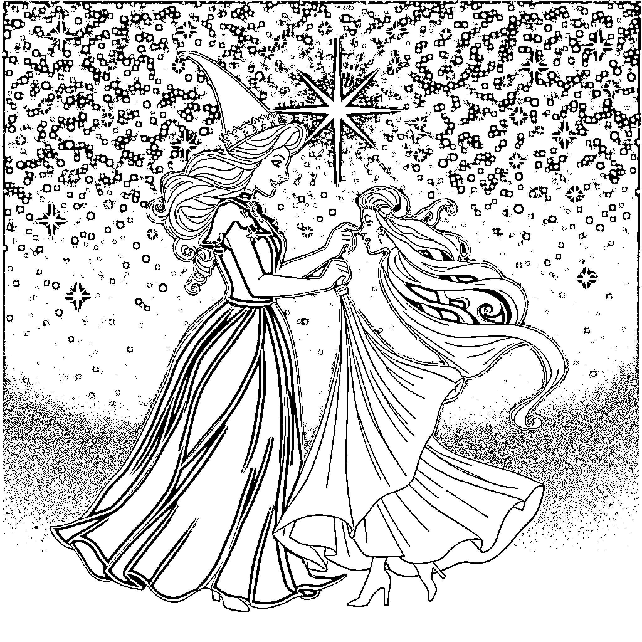 Witch Casting Enchantment Under Starry Night Sky Coloring Page (free black-and-white line drawing printable PDF for all, from beginners to advanced learners, including children, teens, adults, and seniors)