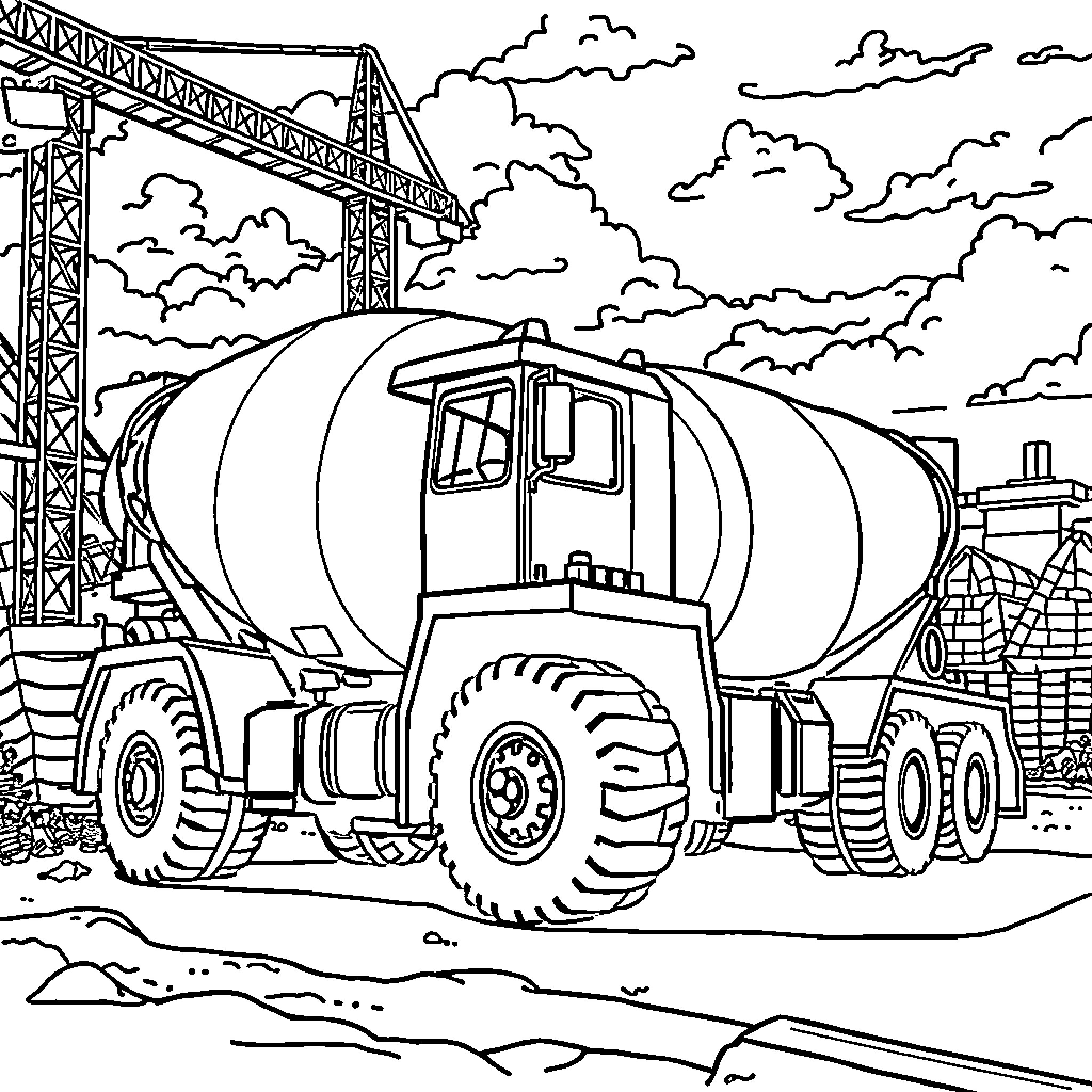 Concrete Truck on Construction Site Coloring Page (free black-and-white line drawing printable PDF for all, from beginners to advanced learners, including children, teens, adults, and seniors)