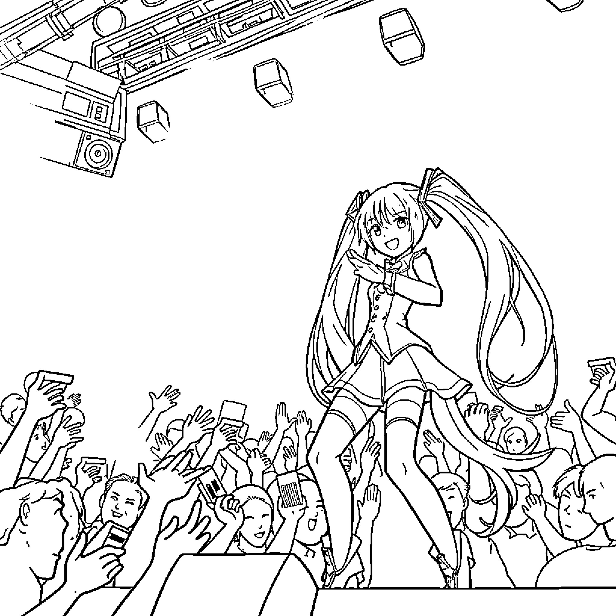 Hatsune Miku performing on stage with crowds Coloring Page (free black-and-white line drawing printable PDF for all, from beginners to advanced learners, including children, teens, adults, and seniors)