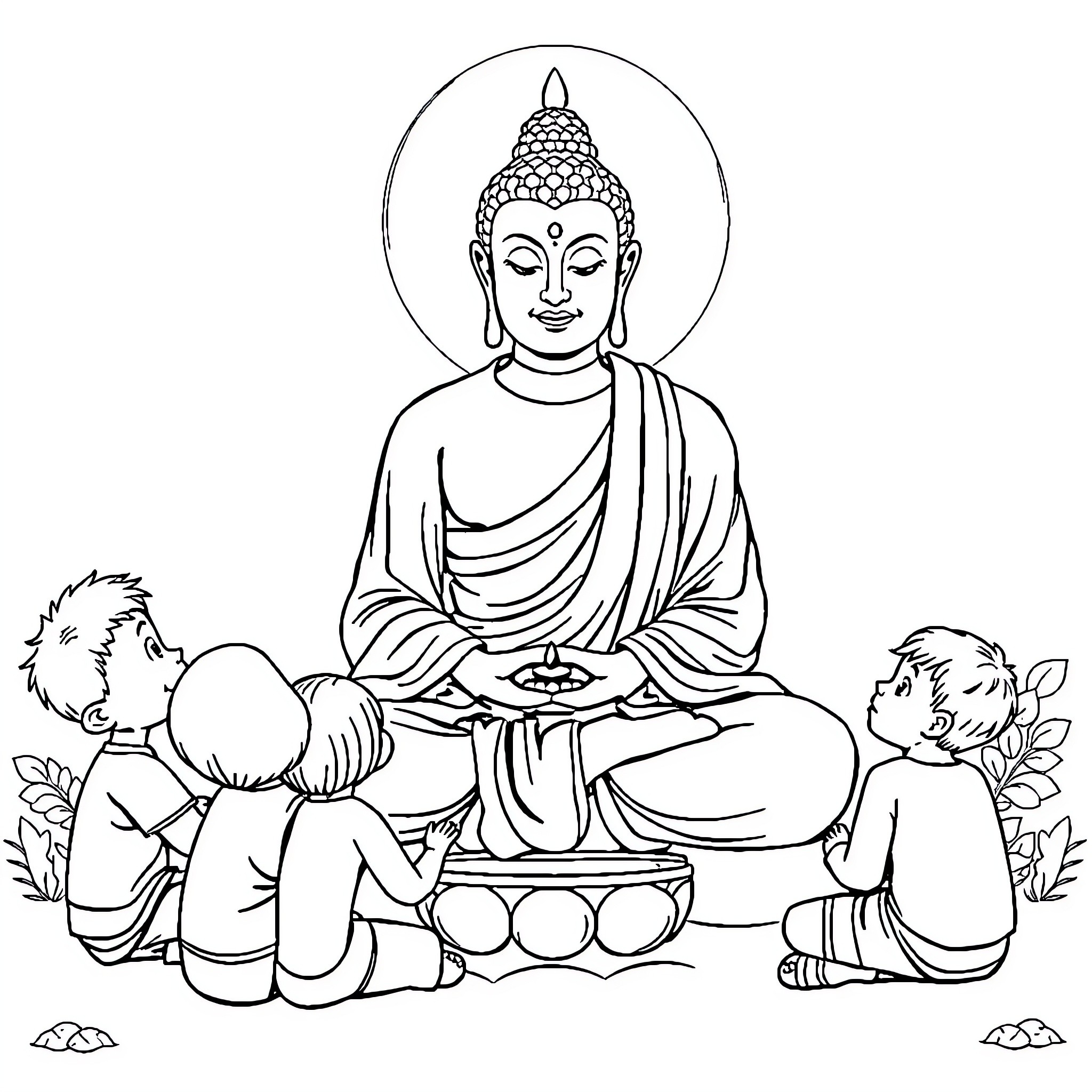 Buddha teaching children in contemplative scene Coloring Page (free black-and-white line drawing printable PDF for all, from beginners to advanced learners, including children, teens, adults, and seniors)