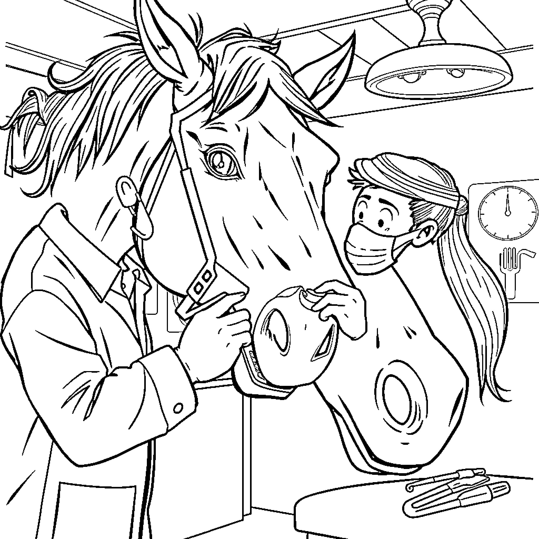 Dentist examining horse's teeth in the clinic Coloring Page (free black-and-white line drawing printable PDF for all, from beginners to advanced learners, including children, teens, adults, and seniors)