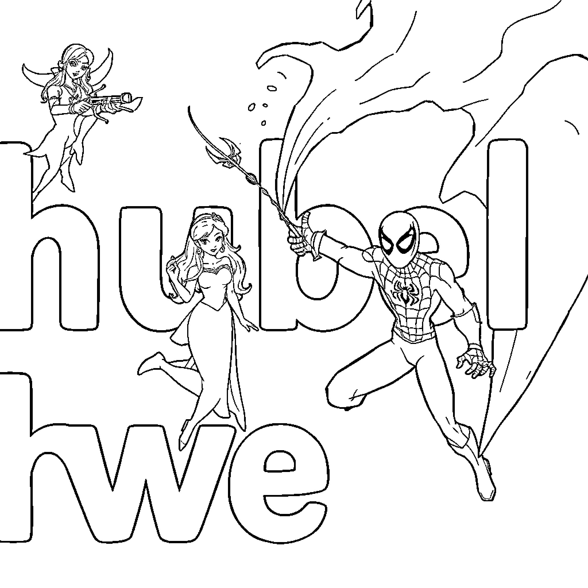 Alphabet Superheroes in Action Coloring Page (free black-and-white line drawing printable PDF for all, from beginners to advanced learners, including children, teens, adults, and seniors)