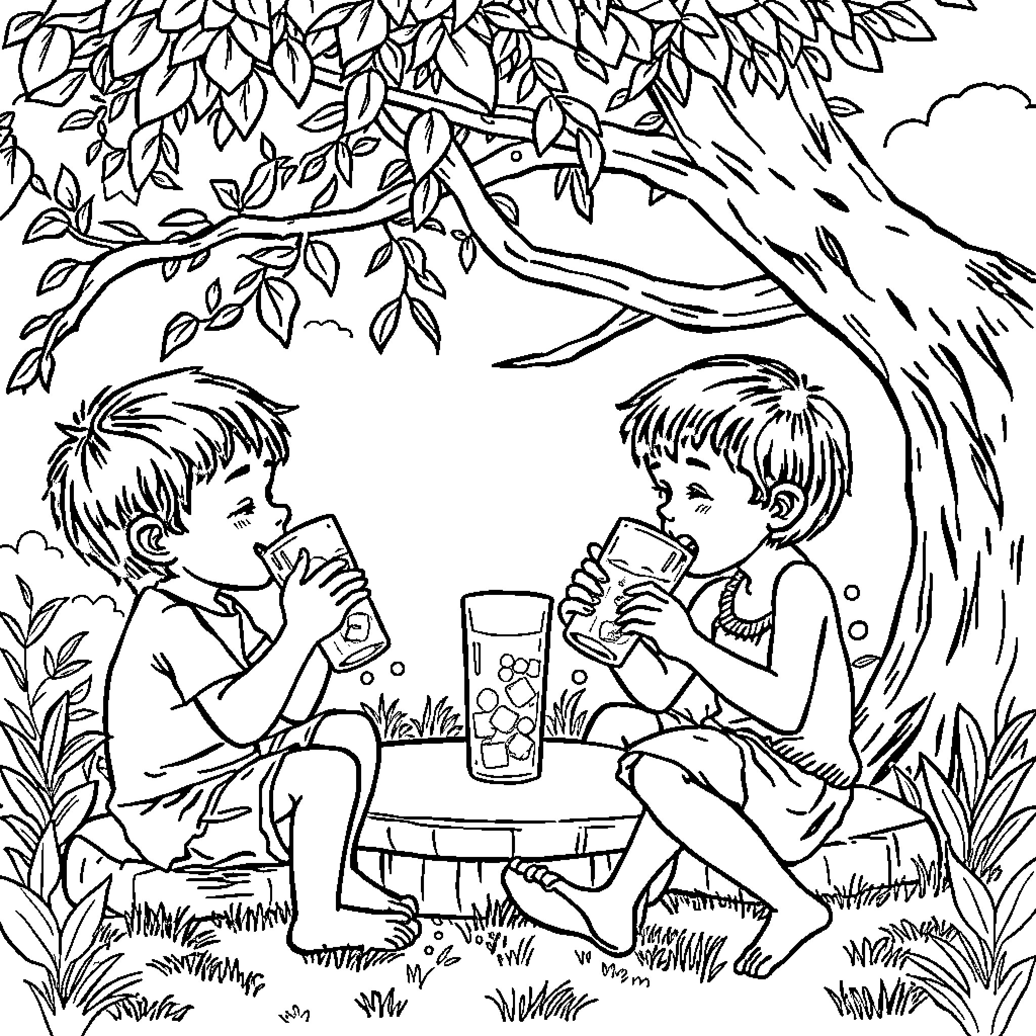 Children Enjoying Refreshment on a Summer Day Coloring Page (free black-and-white line drawing printable PDF for all, from beginners to advanced learners, including children, teens, adults, and seniors)