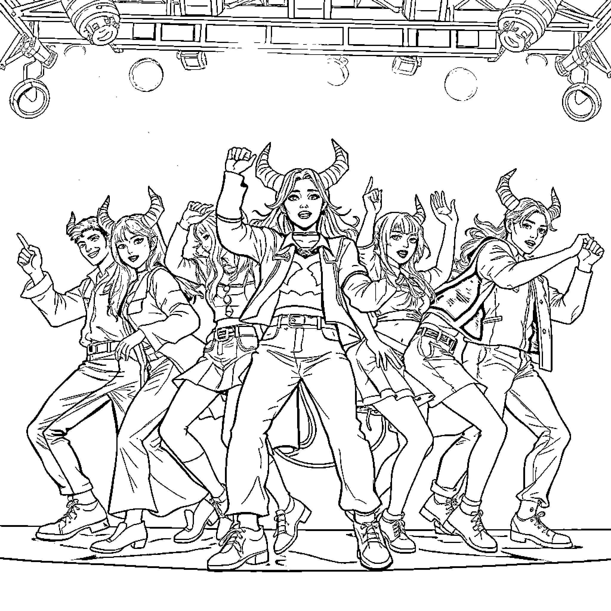 Demon Hunters Preparing for Action Coloring Page (free black-and-white line drawing printable PDF for all, from beginners to advanced learners, including children, teens, adults, and seniors)