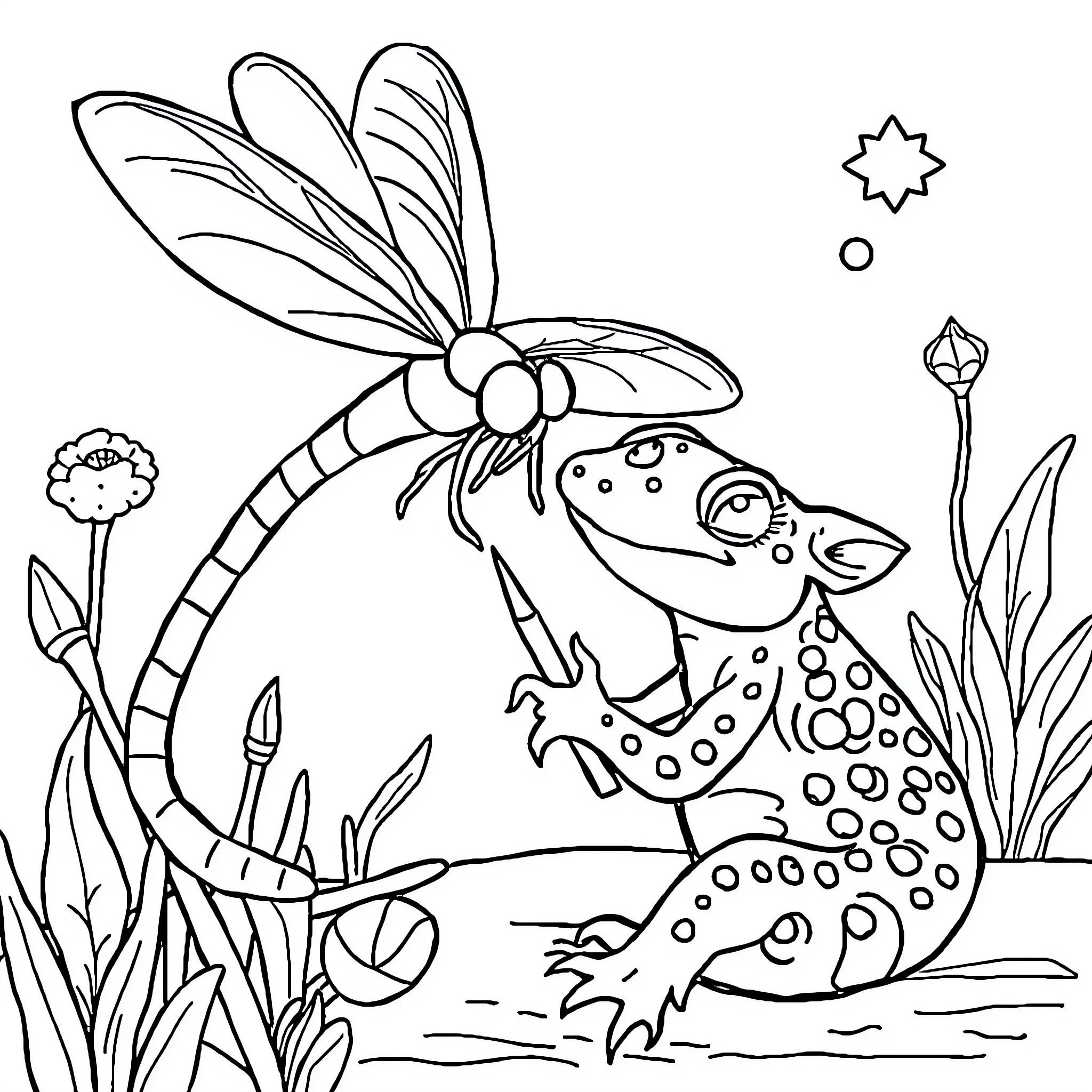 Dragonfly and Frog Exploring Nature Coloring Page (free black-and-white line drawing printable PDF for all, from beginners to advanced learners, including children, teens, adults, and seniors)