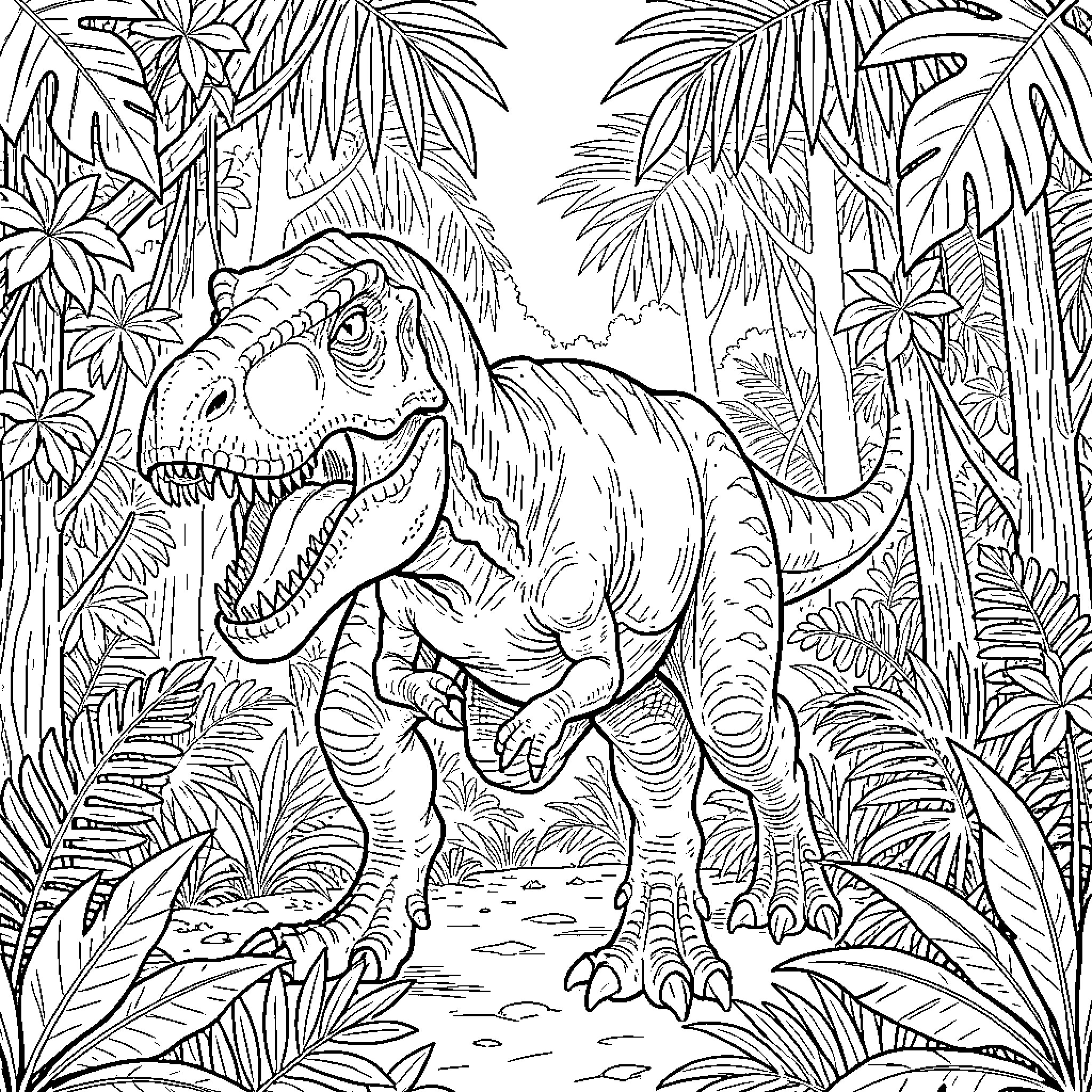Carnotaurus exploring the lush jungle Coloring Page (free black-and-white line drawing printable PDF for all, from beginners to advanced learners, including children, teens, adults, and seniors)