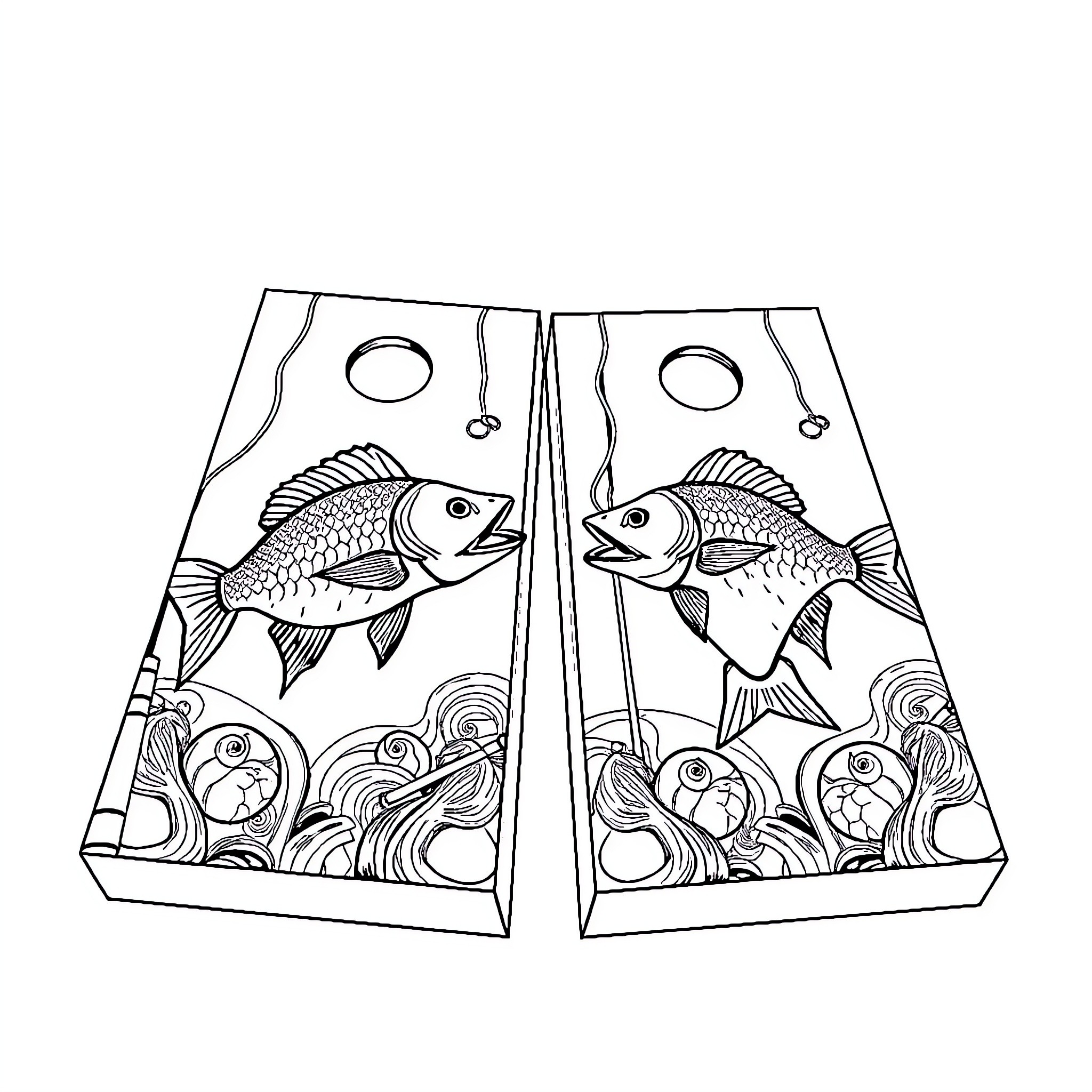 Fishing with decorative fish illustration Coloring Page (free black-and-white line drawing printable PDF for all, from beginners to advanced learners, including children, teens, adults, and seniors)