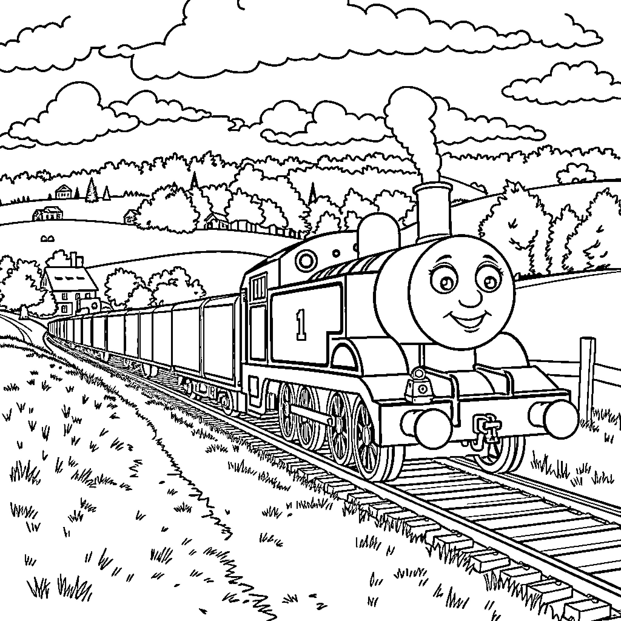 Thomas's Train on the Countryside Railway Coloring Page (free black-and-white line drawing printable PDF for all, from beginners to advanced learners, including children, teens, adults, and seniors)