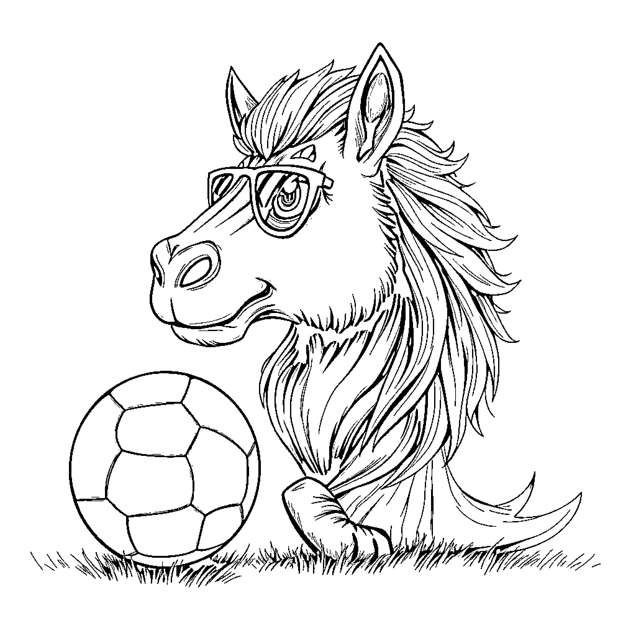 Procione enjoying soccer with cool shades Coloring Page (free black-and-white line drawing printable PDF for all, from beginners to advanced learners, including children, teens, adults, and seniors)