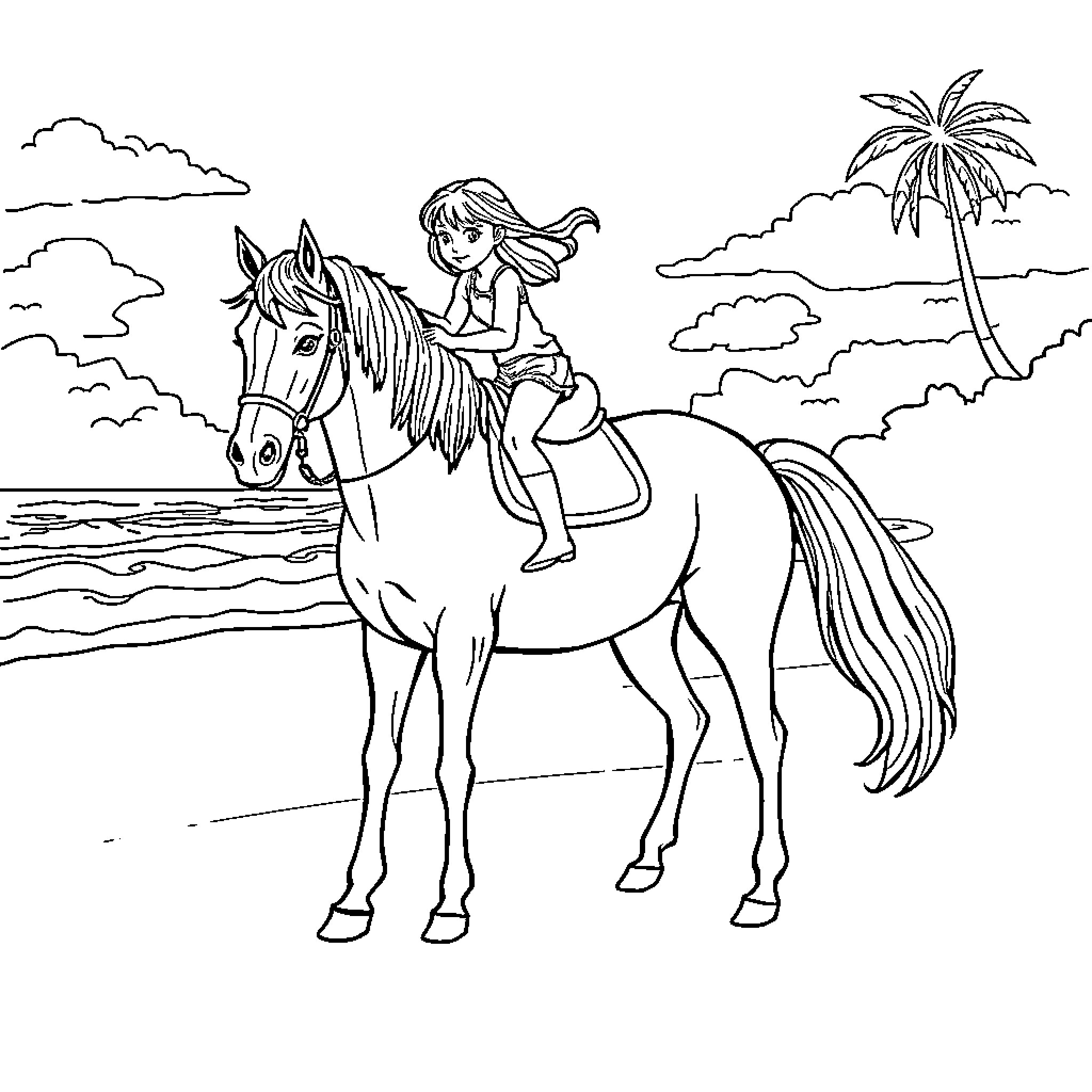 Horse and rider enjoying seaside adventure Coloring Page (free black-and-white line drawing printable PDF for all, from beginners to advanced learners, including children, teens, adults, and seniors)