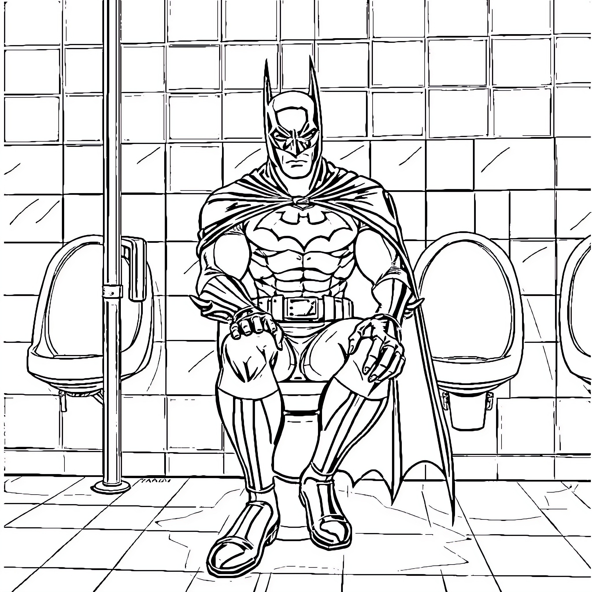 Batman standing in a bathroom with confidence Coloring Page (free black-and-white line drawing printable PDF for all, from beginners to advanced learners, including children, teens, adults, and seniors)