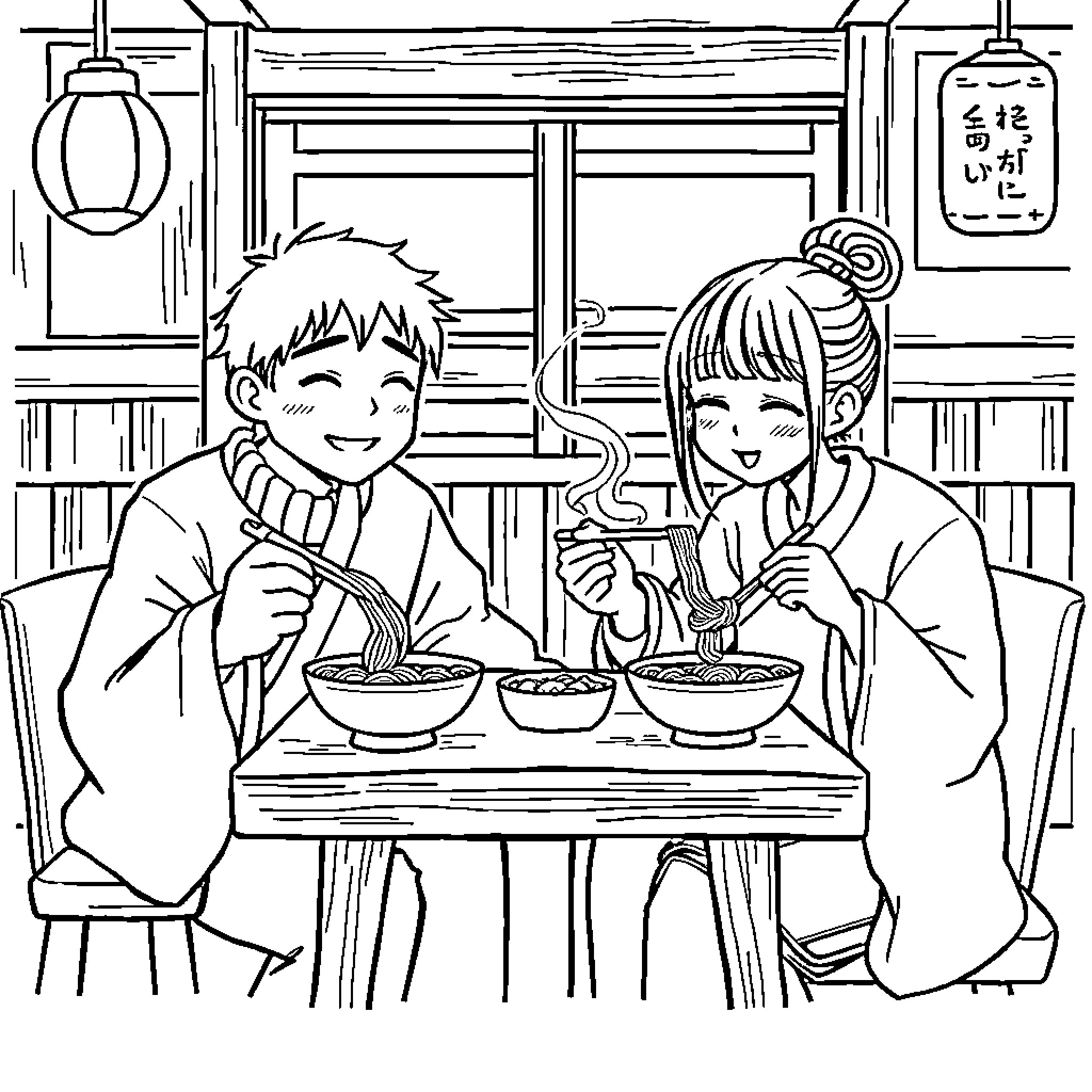 Rumi enjoying a warm meal with a friend Coloring Page (free black-and-white line drawing printable PDF for all, from beginners to advanced learners, including children, teens, adults, and seniors)