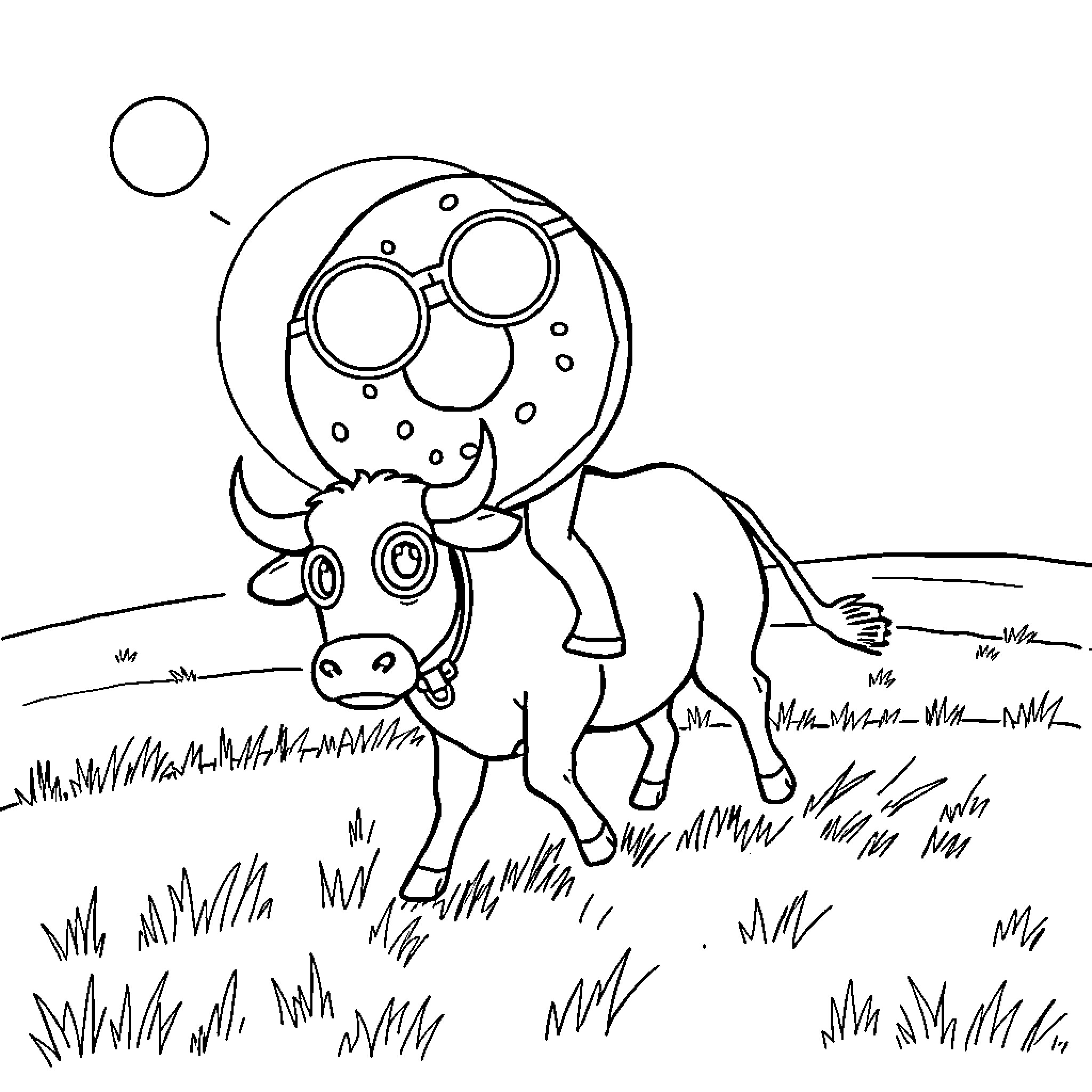 Donut-shaped creature rides a horse through a grassy field Coloring Page (free black-and-white line drawing printable PDF for all, from beginners to advanced learners, including children, teens, adults, and seniors)