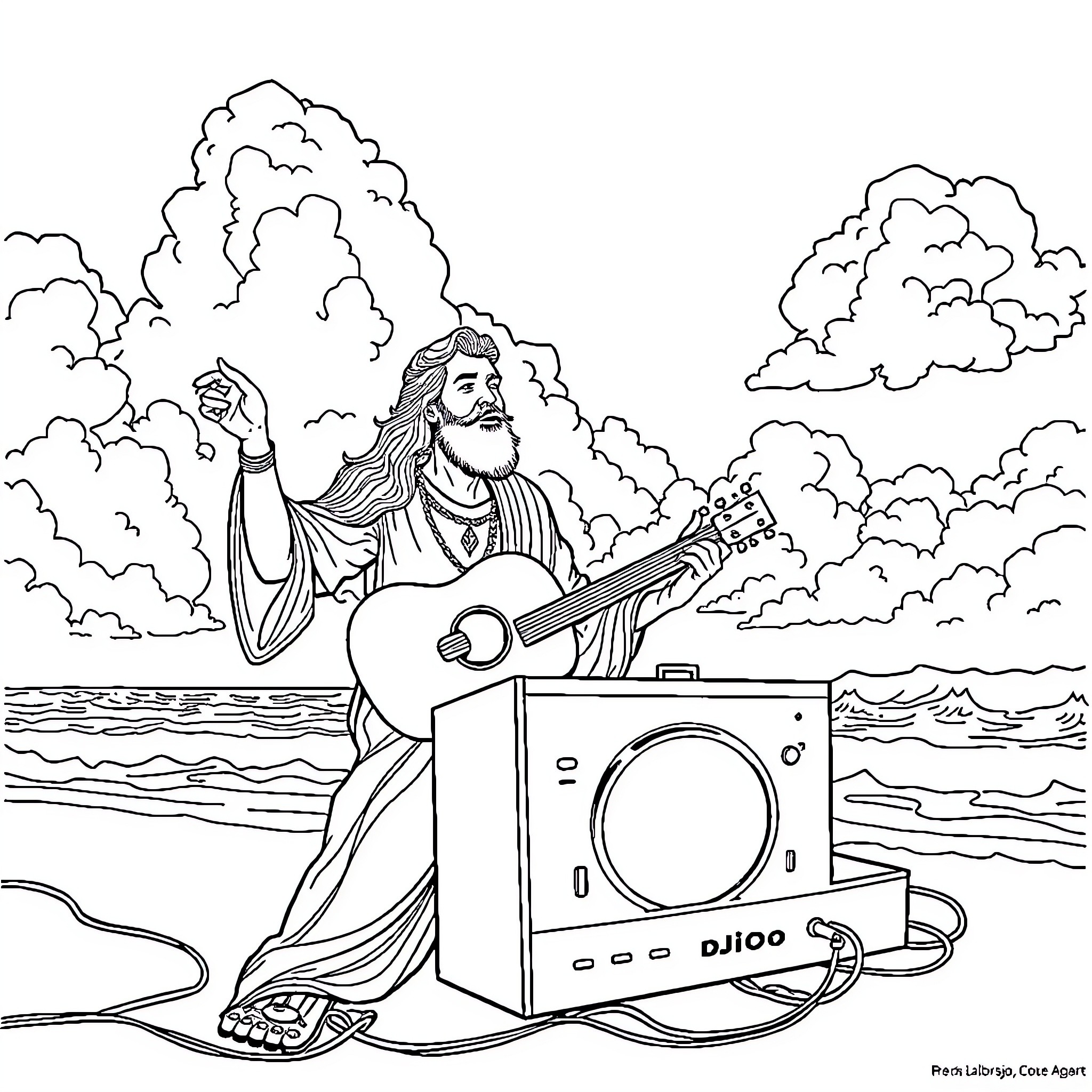 DJ performing energetic music by the sea Coloring Page (free black-and-white line drawing printable PDF for all, from beginners to advanced learners, including children, teens, adults, and seniors)