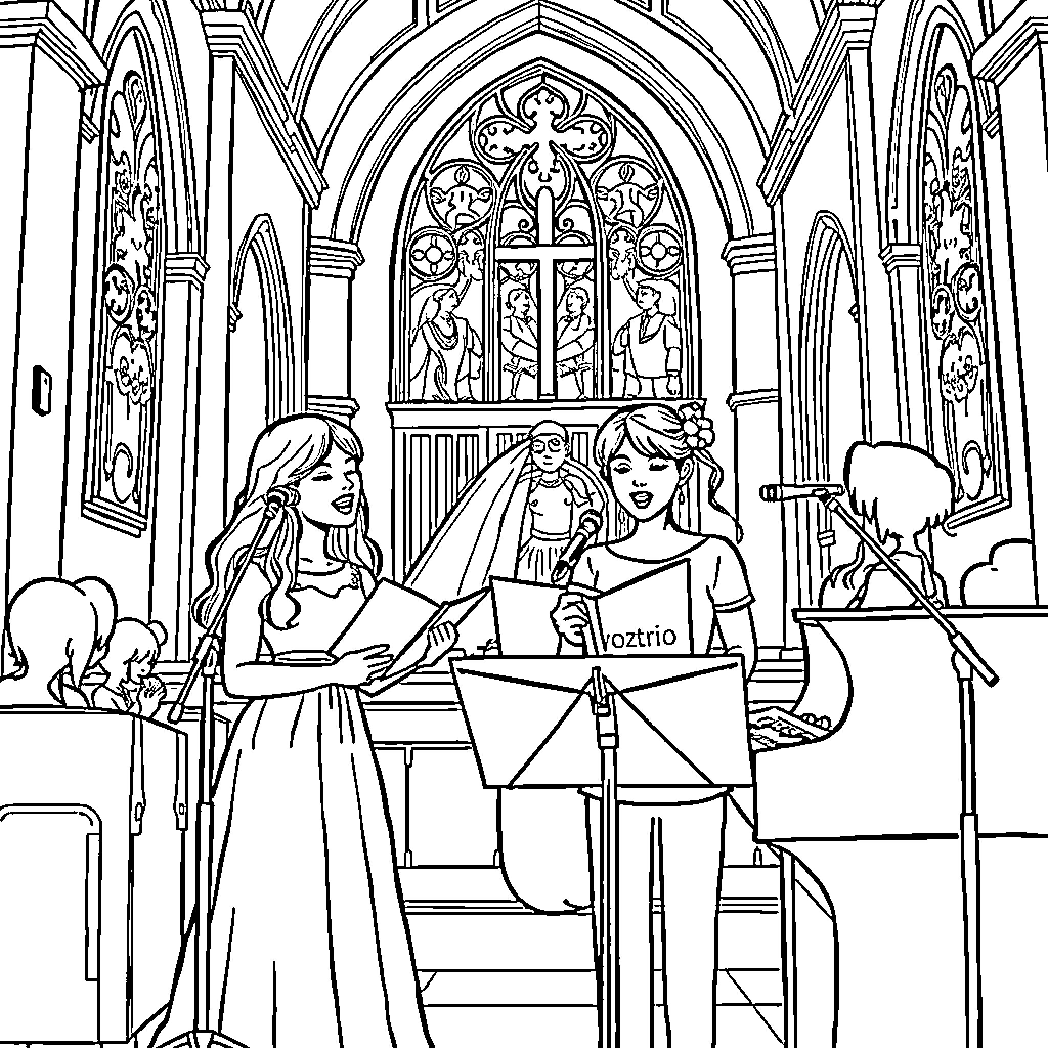 Band performing on stage in ornate church setting Coloring Page (free black-and-white line drawing printable PDF for all, from beginners to advanced learners, including children, teens, adults, and seniors)
