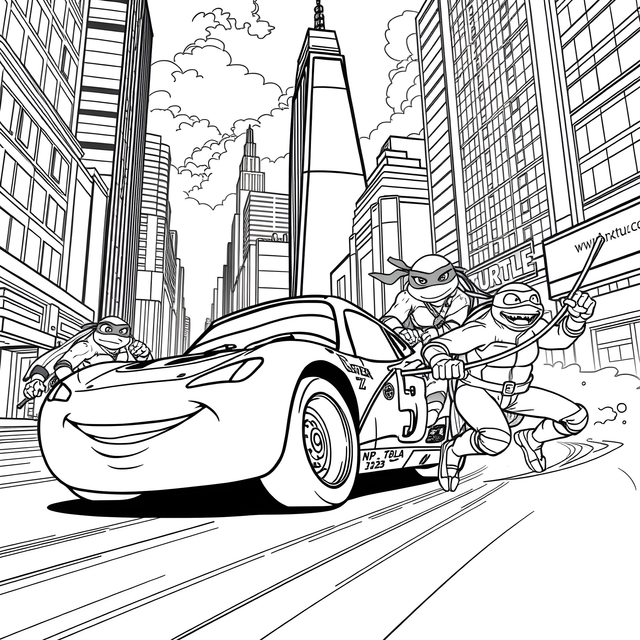 Lightning McQueen racing through the busy city streets Coloring Page (free black-and-white line drawing printable PDF for all, from beginners to advanced learners, including children, teens, adults, and seniors)