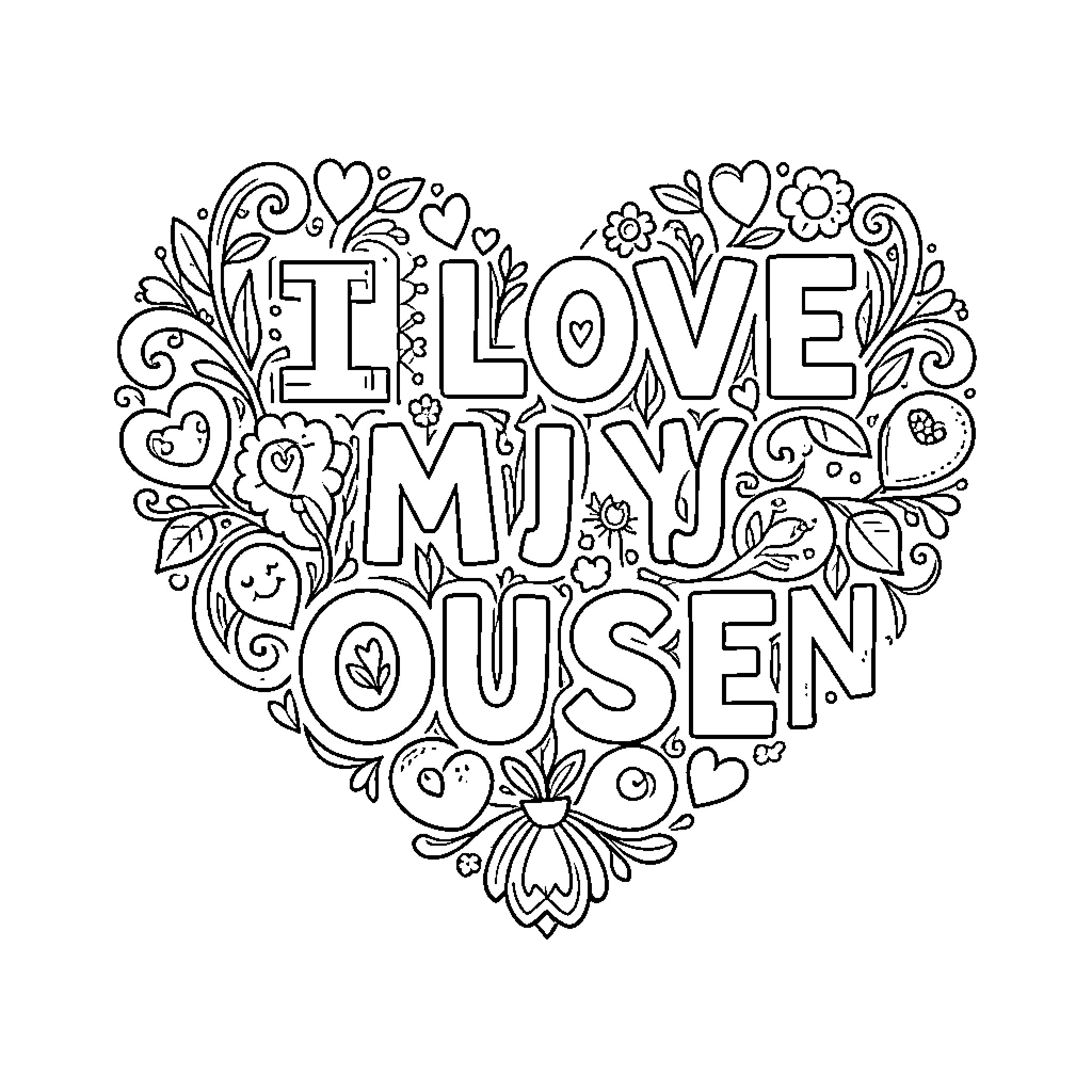 Heart-Shaped Floral and Textual Design Coloring Page (free black-and-white line drawing printable PDF for all, from beginners to advanced learners, including children, teens, adults, and seniors)