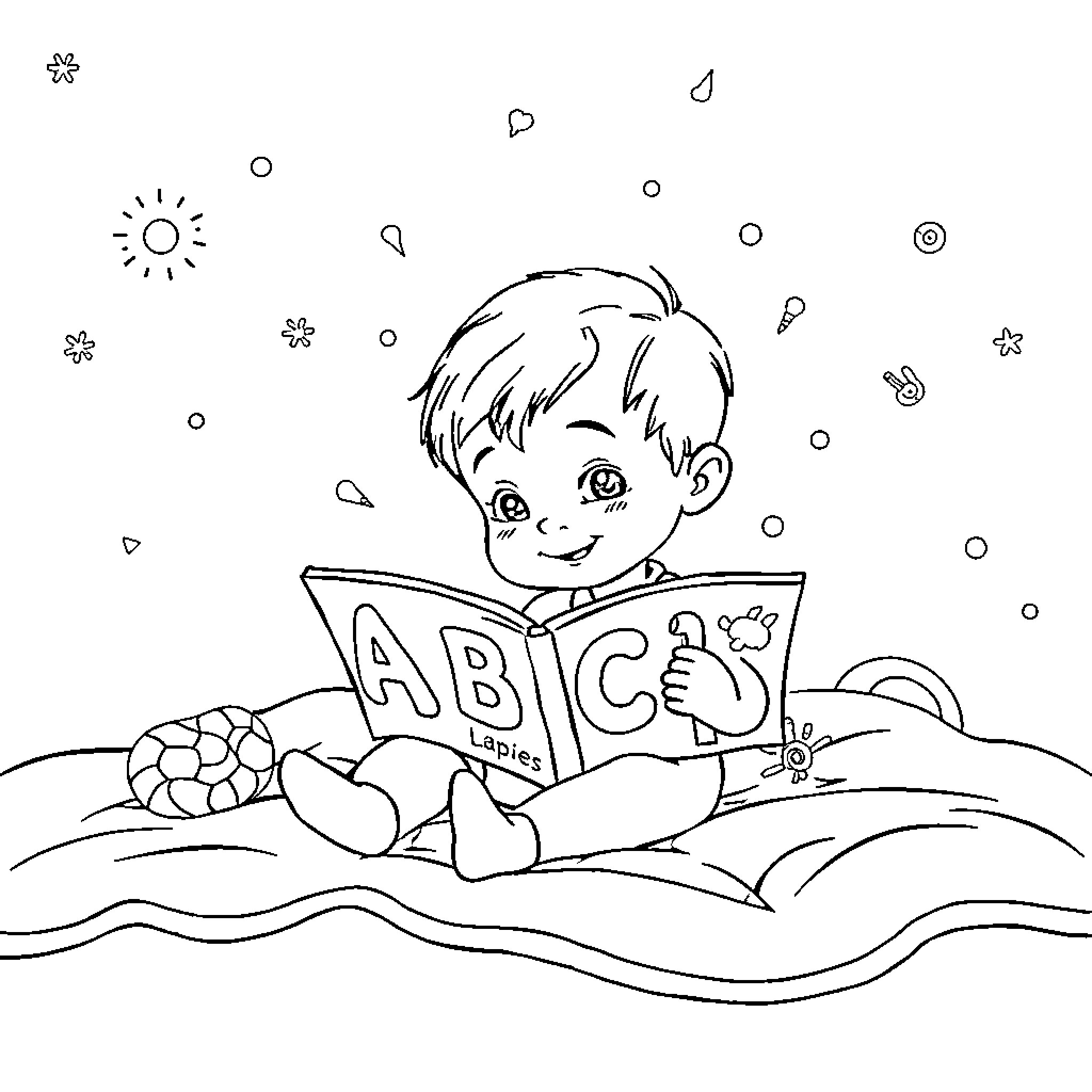 Child reading ABC book happily in nature Coloring Page (free black-and-white line drawing printable PDF for all, from beginners to advanced learners, including children, teens, adults, and seniors)