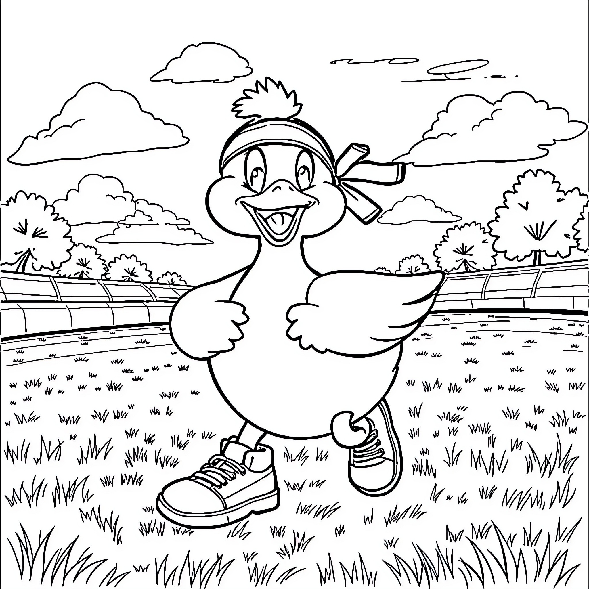 Psyduck happily exploring the countryside Coloring Page (free black-and-white line drawing printable PDF for all, from beginners to advanced learners, including children, teens, adults, and seniors)