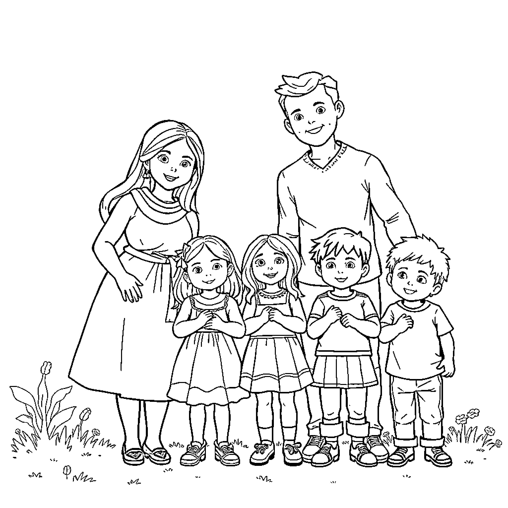Family Enjoying Time Together Outdoors Coloring Page (free black-and-white line drawing printable PDF for all, from beginners to advanced learners, including children, teens, adults, and seniors)