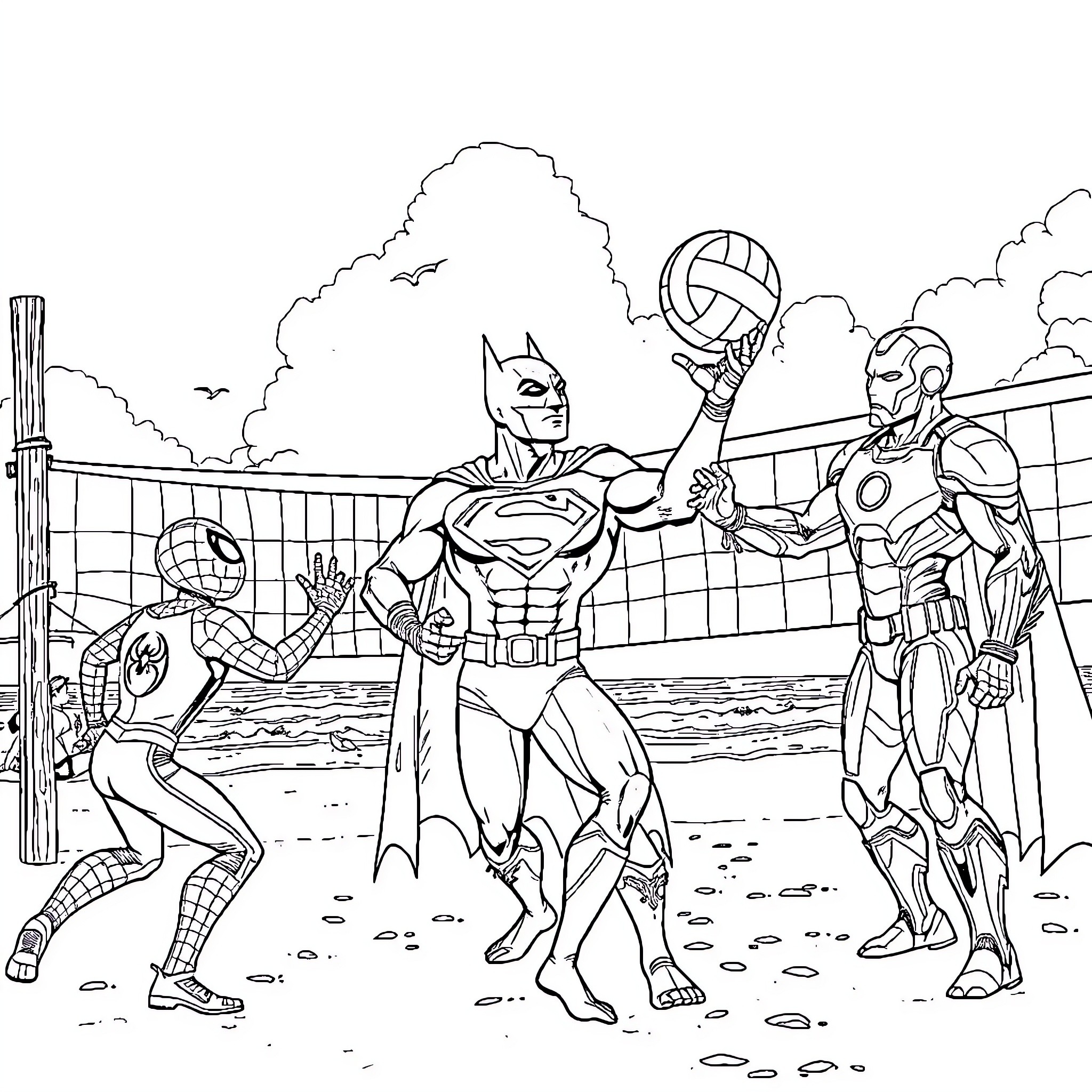 Superhero Volleyball Match on Seashore Coloring Page (free black-and-white line drawing printable PDF for all, from beginners to advanced learners, including children, teens, adults, and seniors)