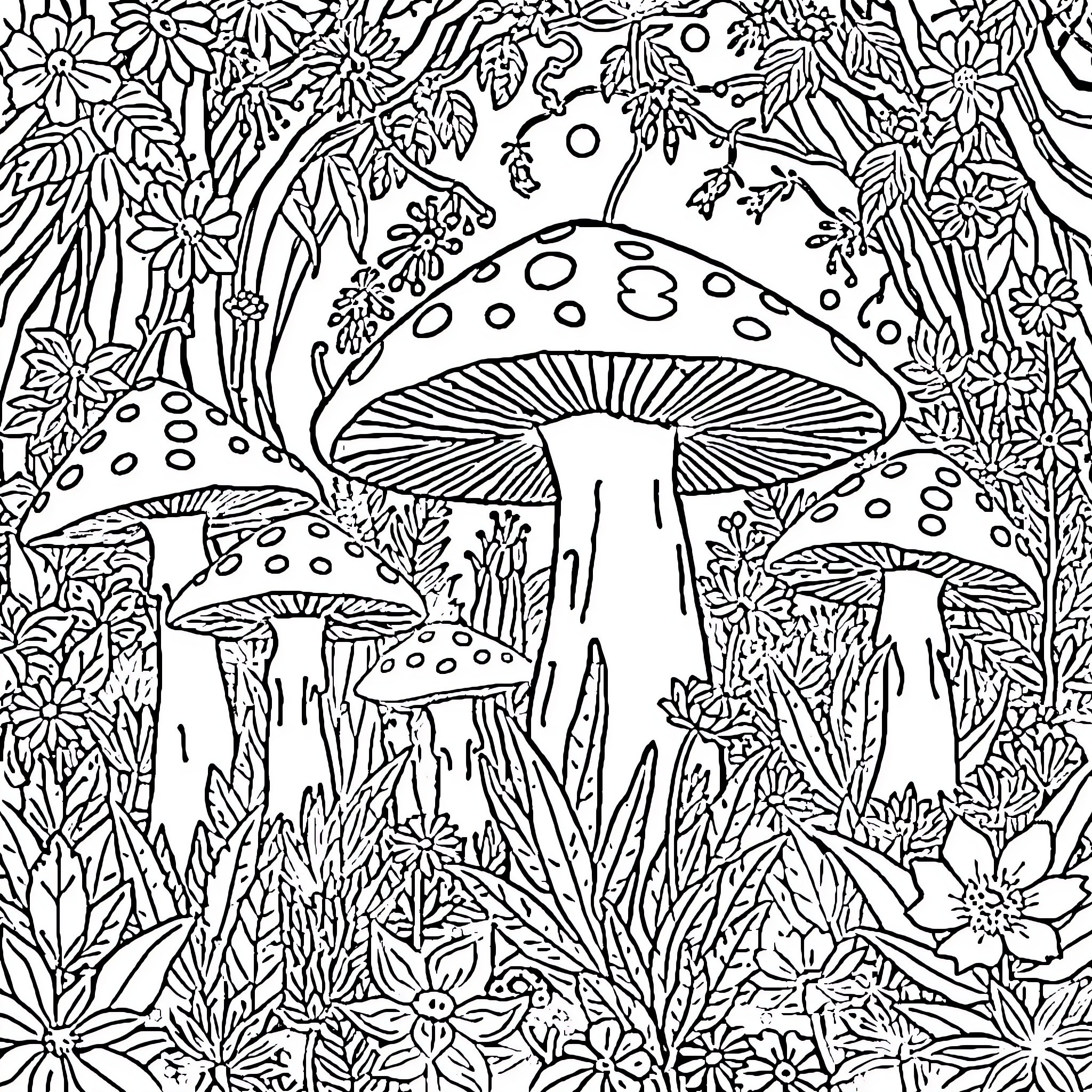 Mushroom Forest with Vibrant Floral Scenery Coloring Page (free black-and-white line drawing printable PDF for all, from beginners to advanced learners, including children, teens, adults, and seniors)
