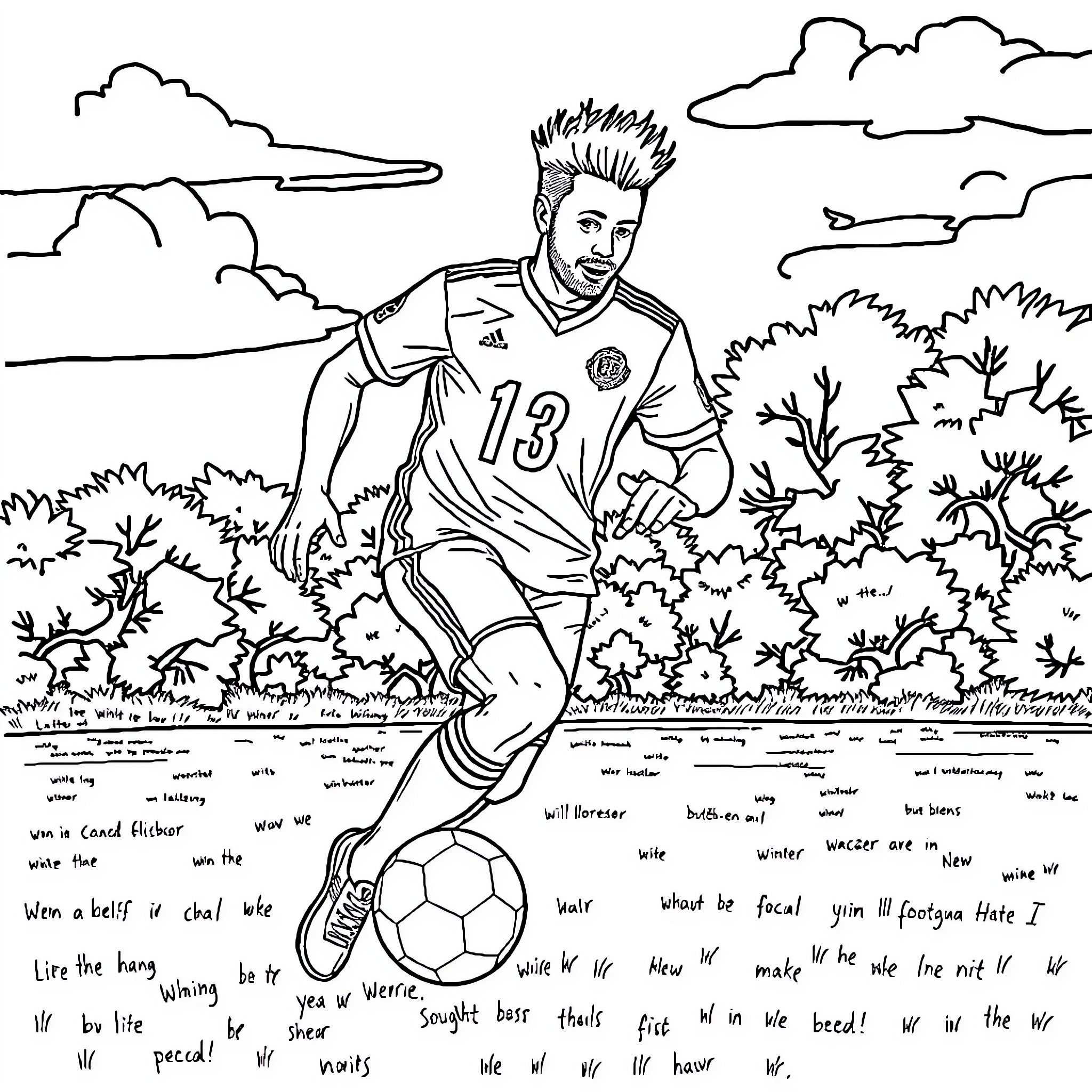 Marcus playing soccer in the outdoor field Coloring Page (free black-and-white line drawing printable PDF for all, from beginners to advanced learners, including children, teens, adults, and seniors)