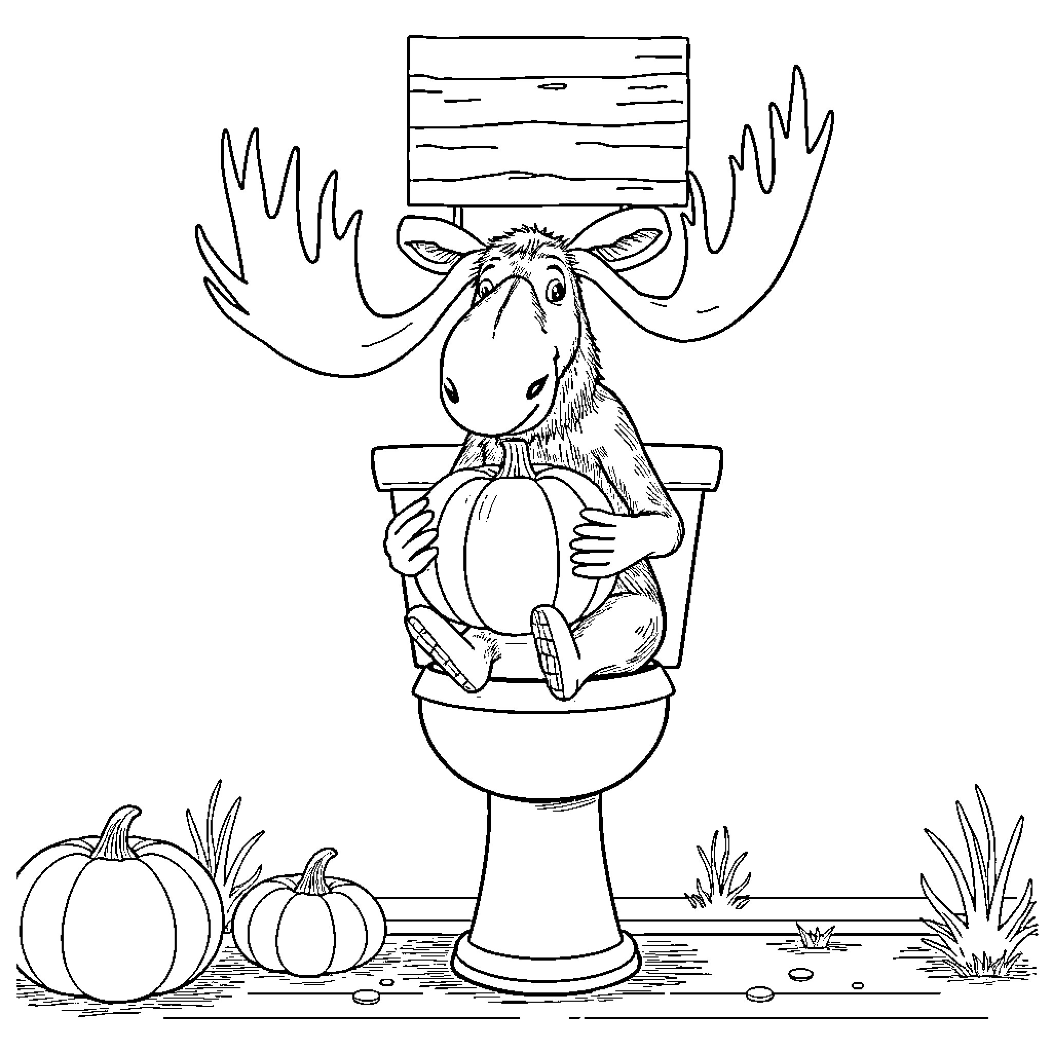 Moose relaxing on the toilet with pumpkins Coloring Page (free black-and-white line drawing printable PDF for all, from beginners to advanced learners, including children, teens, adults, and seniors)
