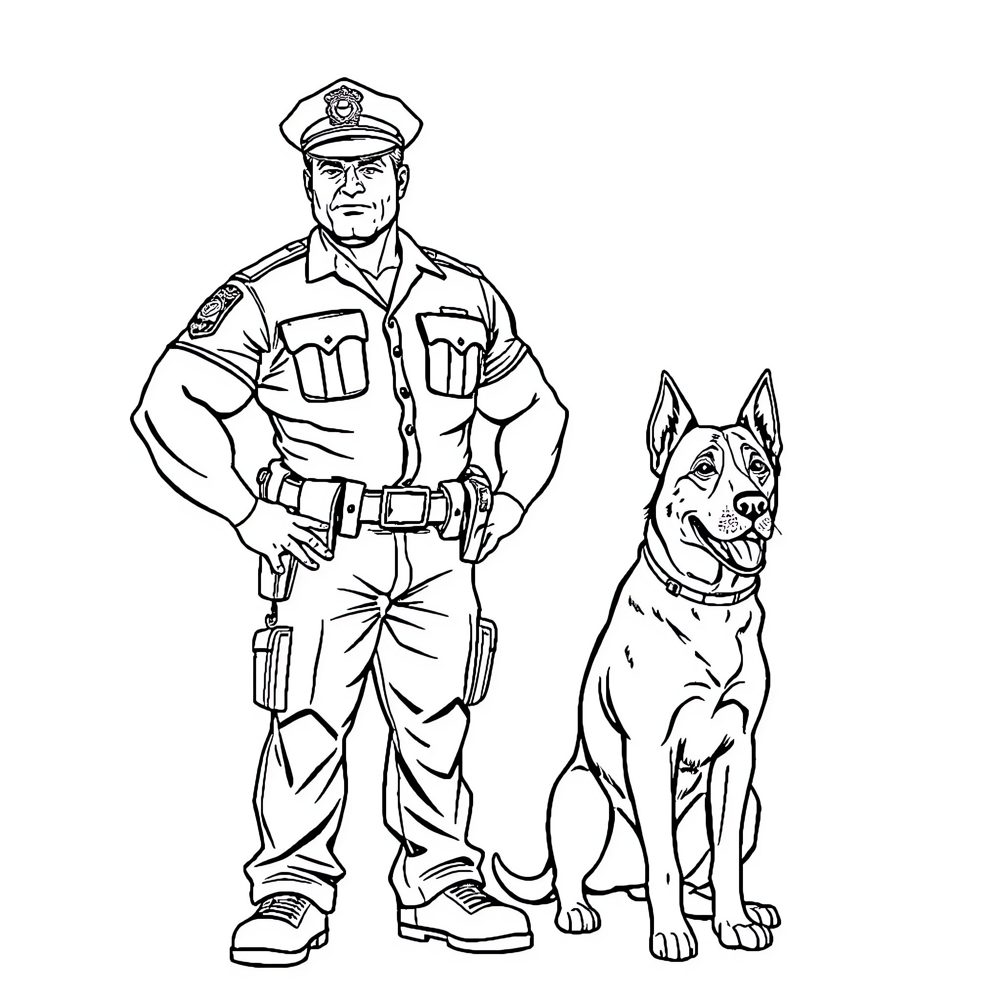 Police Officer and Canine Companion on Duty Coloring Page (free black-and-white line drawing printable PDF for all, from beginners to advanced learners, including children, teens, adults, and seniors)