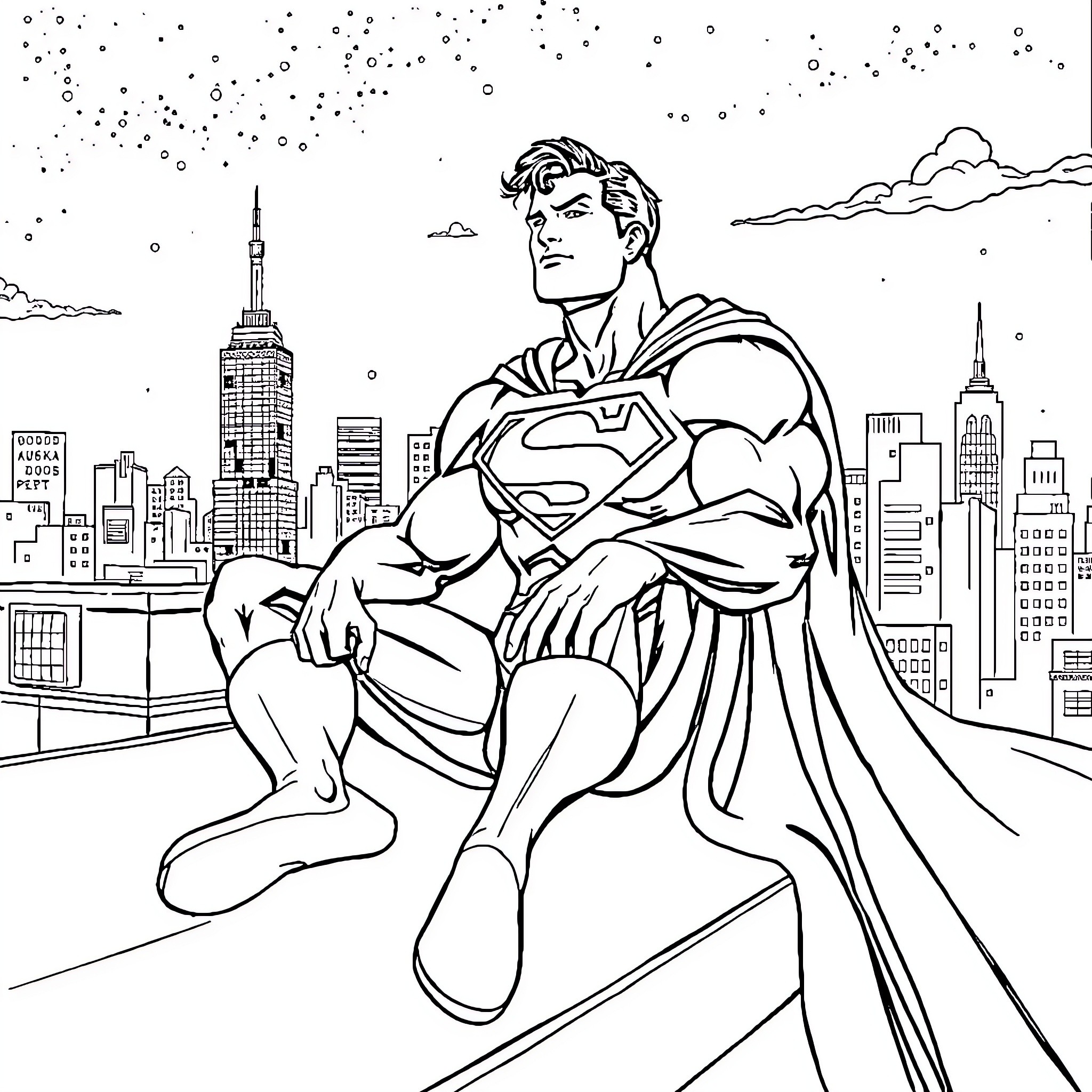 Superman overlooking the city skyline Coloring Page (free black-and-white line drawing printable PDF for all, from beginners to advanced learners, including children, teens, adults, and seniors)