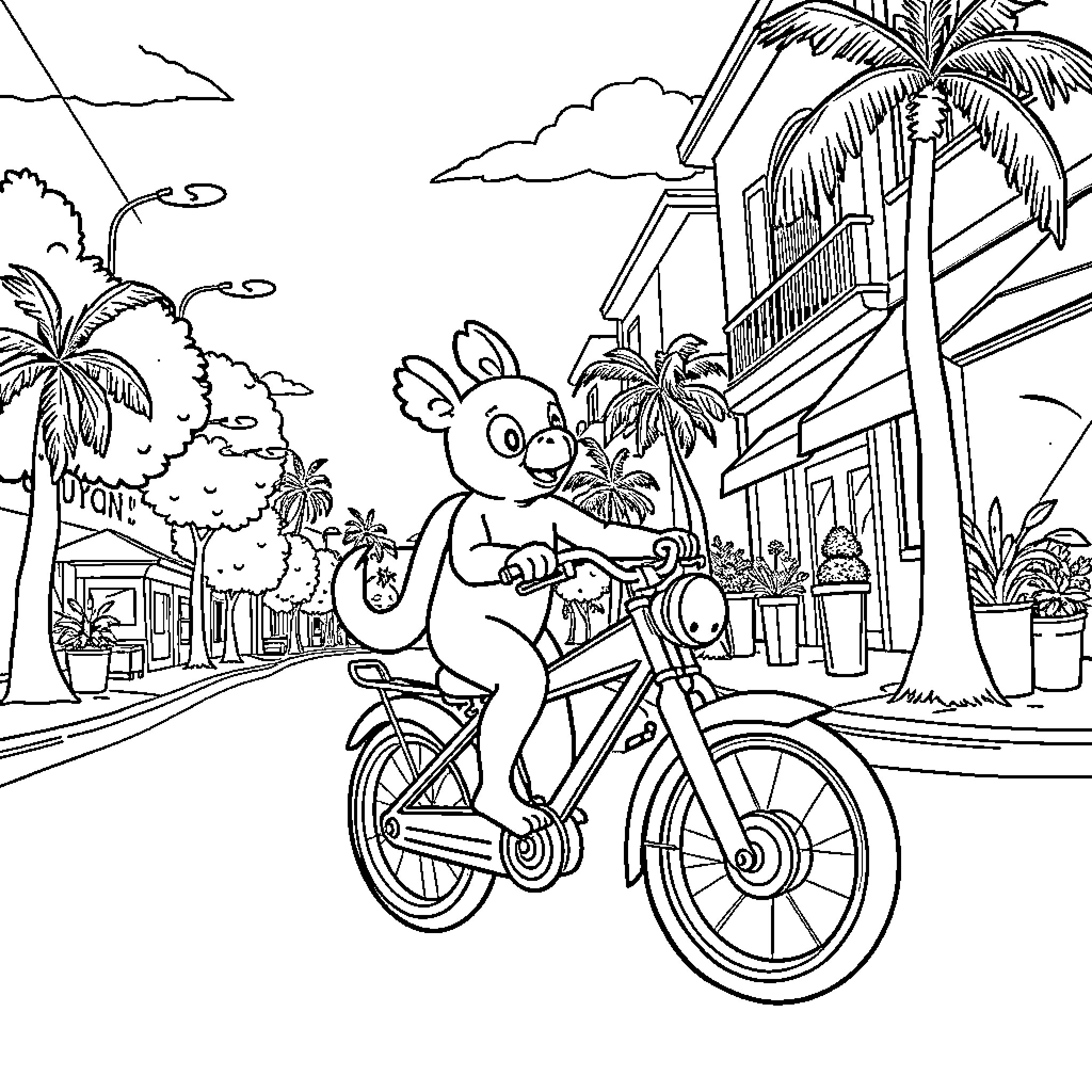 Pichaco Riding Bicycle in Tropical Town Coloring Page (free black-and-white line drawing printable PDF for all, from beginners to advanced learners, including children, teens, adults, and seniors)