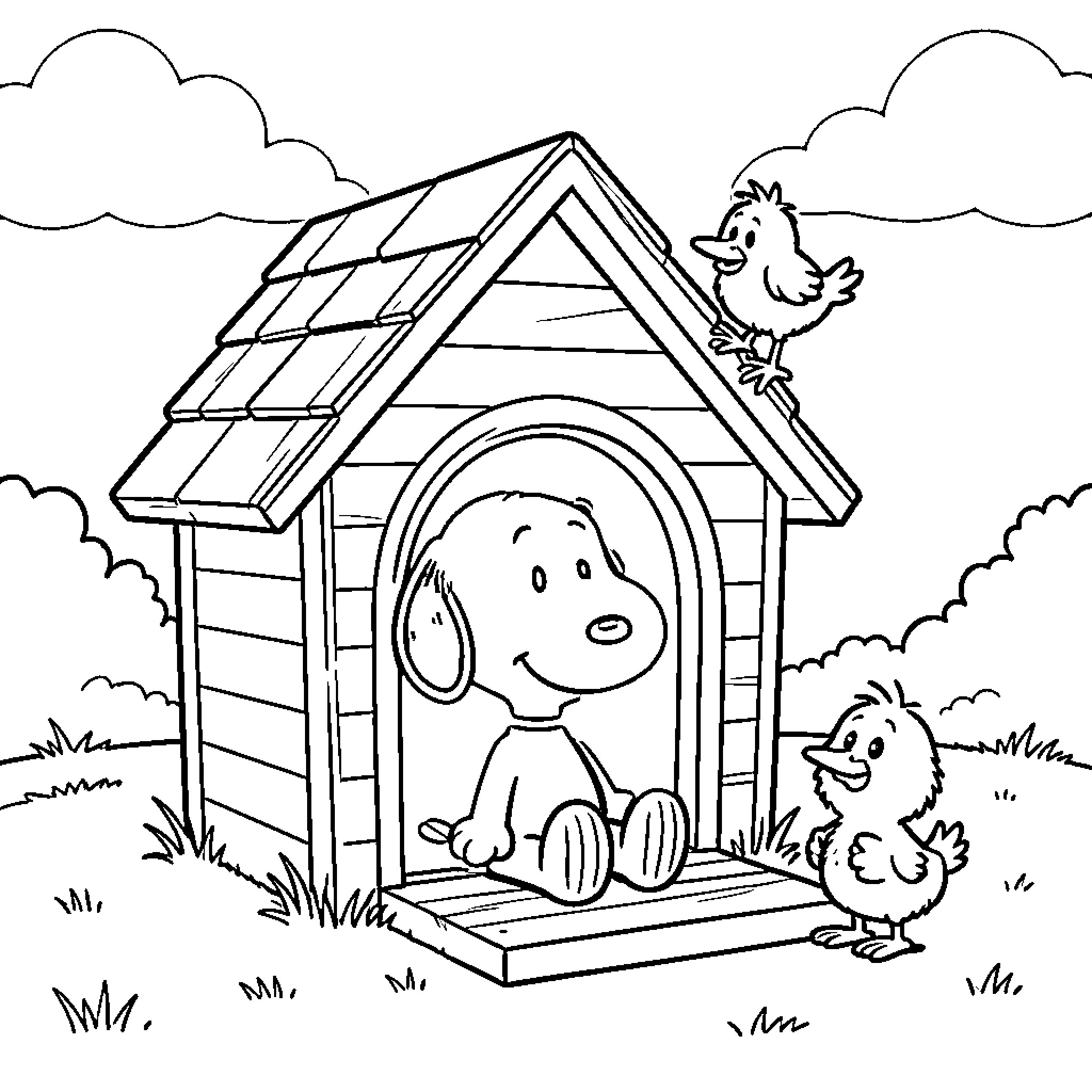 Snoopy playing in his dog house with friends Coloring Page (free black-and-white line drawing printable PDF for all, from beginners to advanced learners, including children, teens, adults, and seniors)