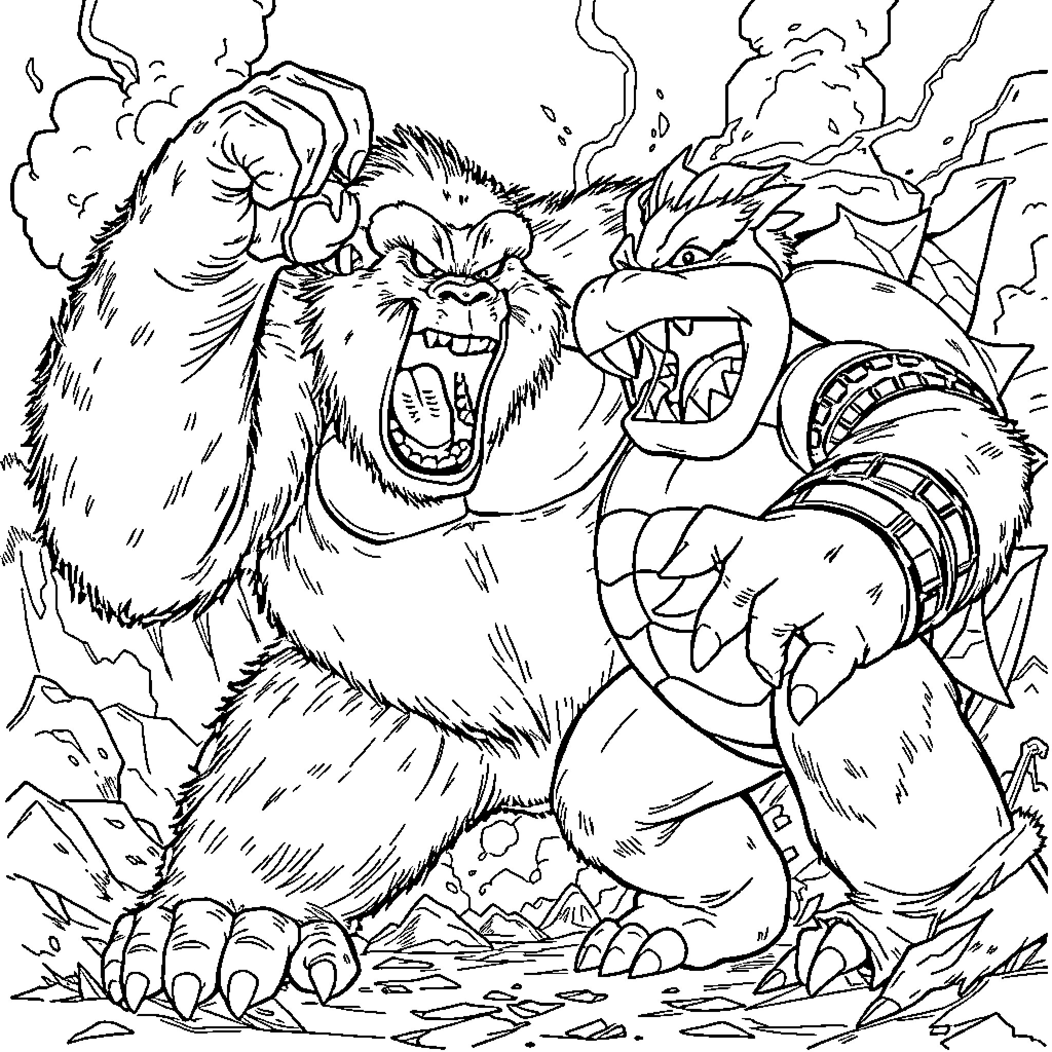 King Kong battling fierce prehistoric creatures Coloring Page (free black-and-white line drawing printable PDF for all, from beginners to advanced learners, including children, teens, adults, and seniors)