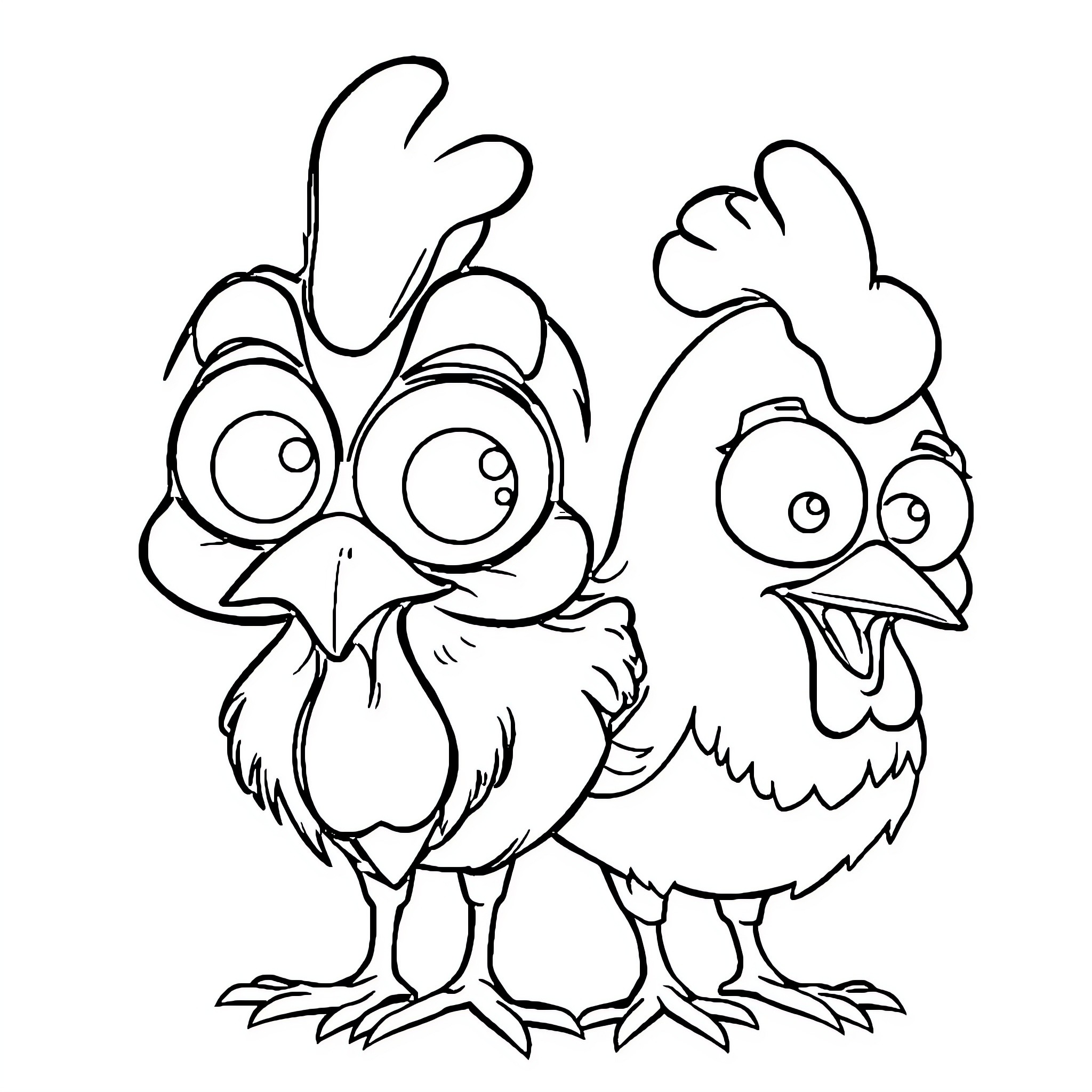 Chicken Duo with Comical Expressions Coloring Page (free black-and-white line drawing printable PDF for all, from beginners to advanced learners, including children, teens, adults, and seniors)
